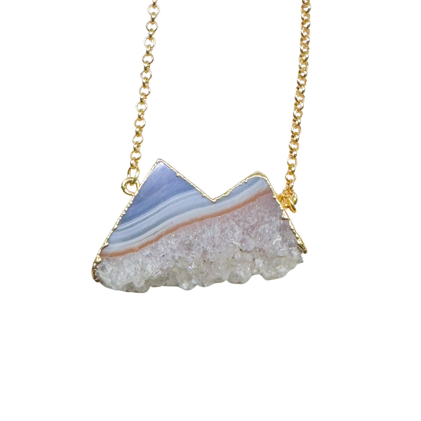 Agate Mountain Pendant Necklace in Gold – Blue Banded Druzy Crystal Peak Jewelry – Grounding Stone Pendant for Stability & Balance