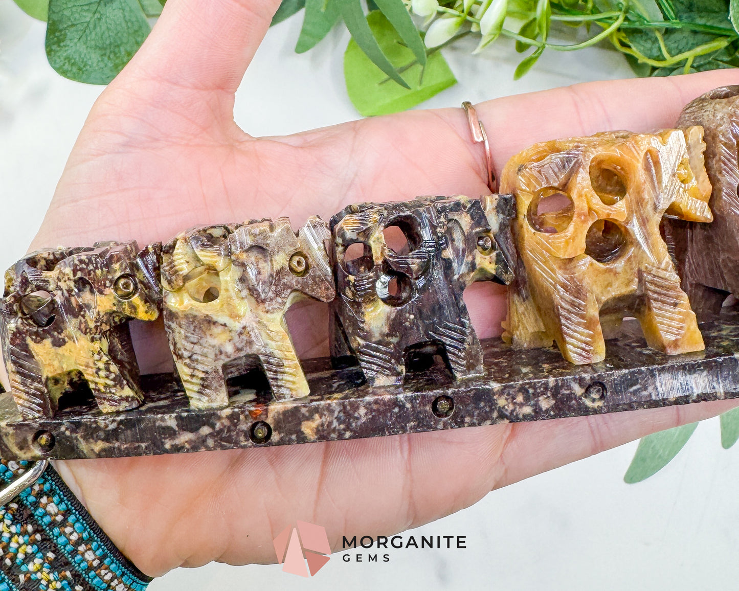 Hand-Carved Soapstone Elephant Train – 7" Undercut Lattice Sculpture – Natural Stone Family of Five Figurine for Luck & Wisdom