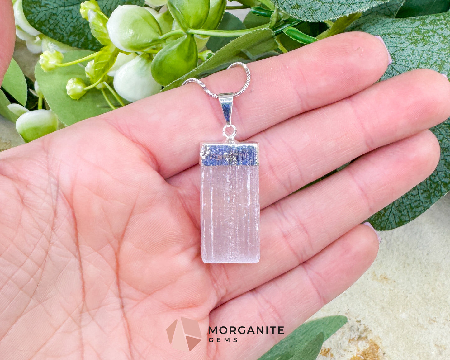 Selenite Crystal Pendant Necklace – Raw Satin Spar Necklace with 18" Silver Plated Snake Chain – Crown Chakra Jewelry for Clarity & Peace