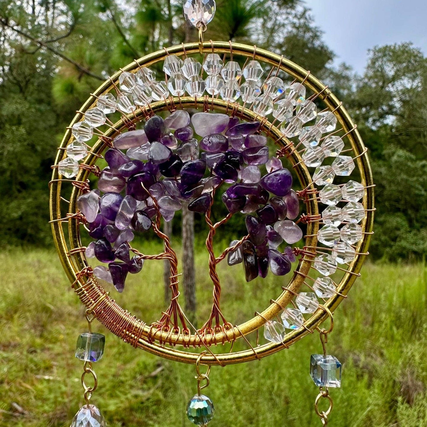 Gold Metal Dual Ring Dreamcatcher with 2 Trees of Life Amethyst Stones & Hanging Jewel Charms -- Rearview Mirror