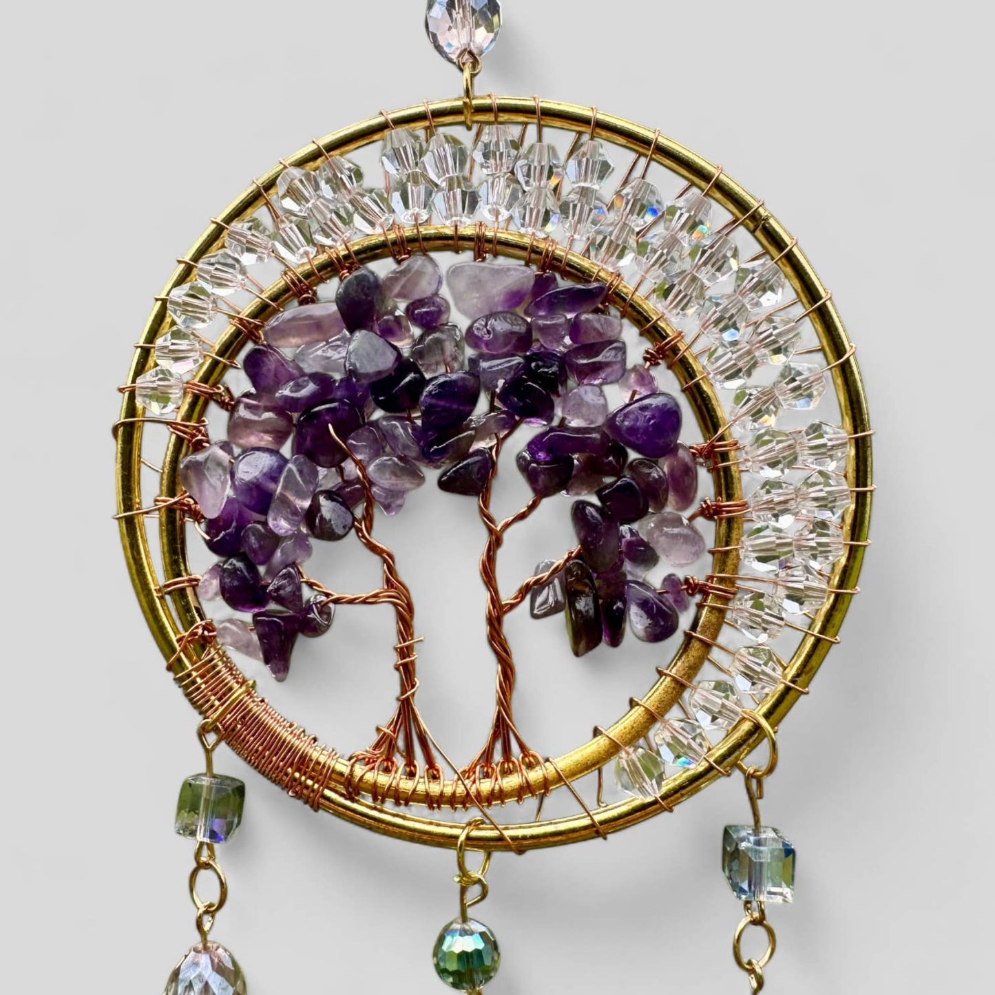 Gold Metal Dual Ring Dreamcatcher with 2 Trees of Life Amethyst Stones & Hanging Jewel Charms -- Rearview Mirror
