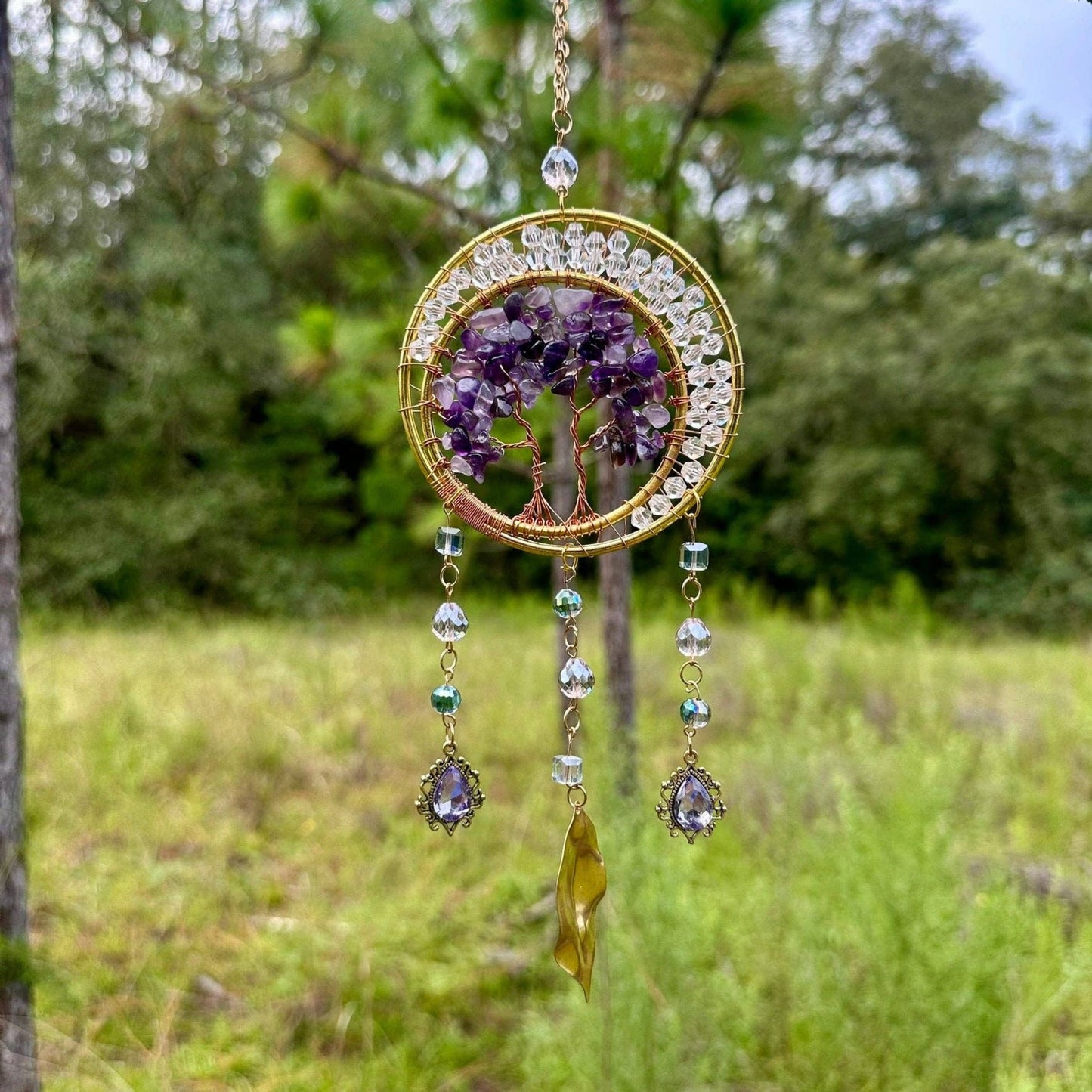 Gold Metal Dual Ring Dreamcatcher with 2 Trees of Life Amethyst Stones & Hanging Jewel Charms -- Rearview Mirror