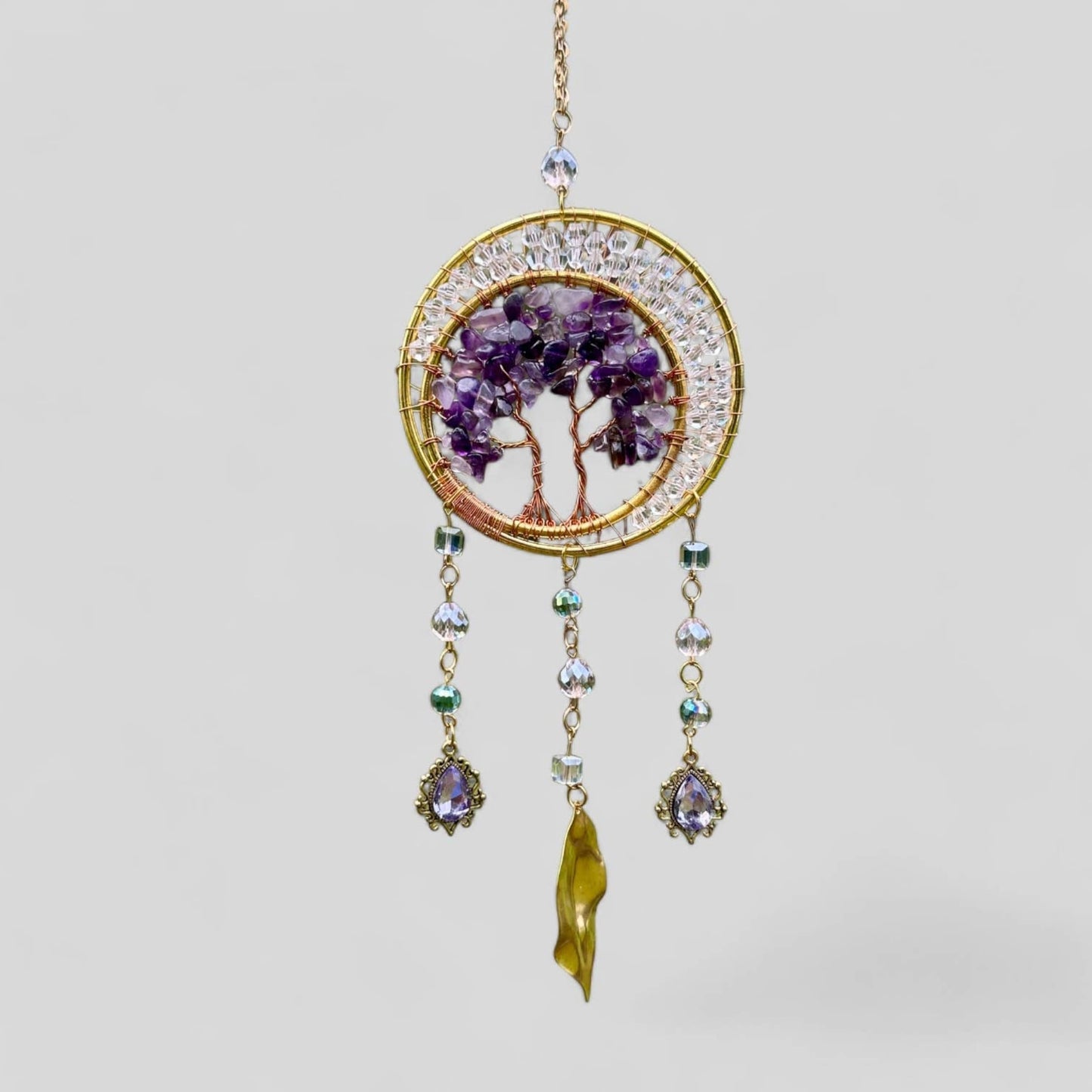 Gold Metal Dual Ring Dreamcatcher with 2 Trees of Life Amethyst Stones & Hanging Jewel Charms -- Rearview Mirror
