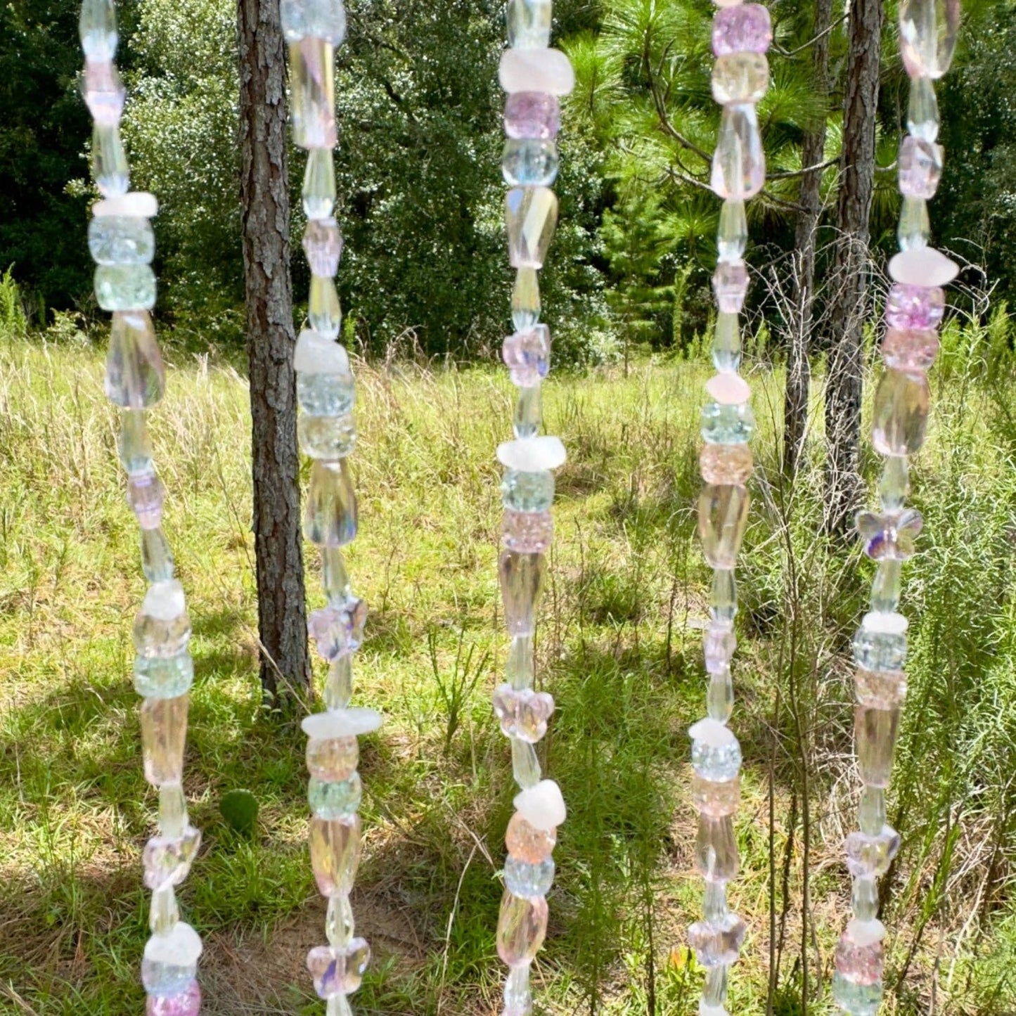 Gold Metal Crescent Moon Dreamcatcher Suncatcher with Rose Quartz Tree of Life & Hanging Jewel Charms -- Window Hanging