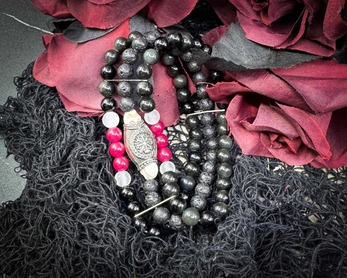 Nordic Gemstones Helm of Awe Bracelet – Triple Strand Ruby Selenite Blue Obsidian Lava & Skull - Jewelry