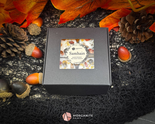 Samhain Tealight Candle Set – 4-Pack Crystal Infused Fall Tealights | Witchy Decor for Ritual & Celebration - Container