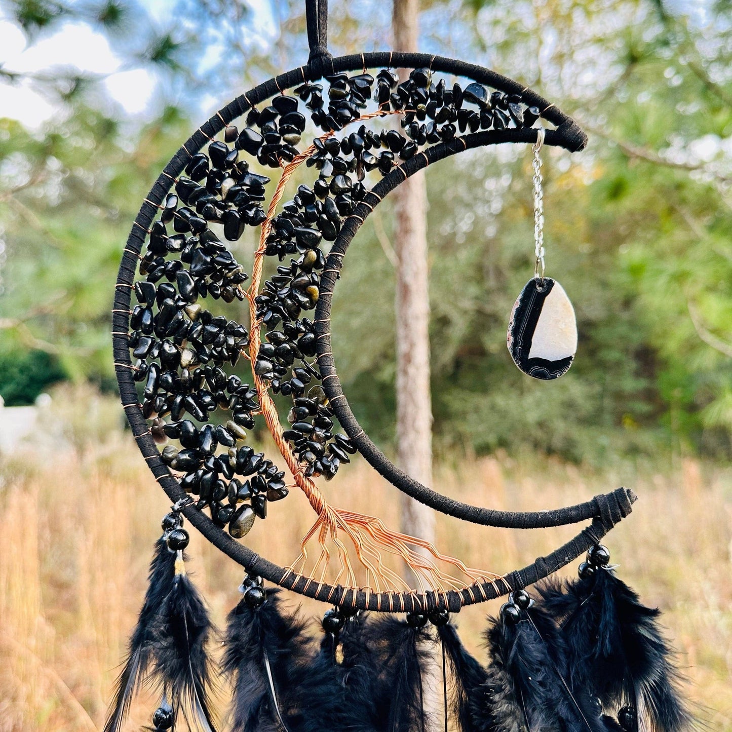 Medium Wall Hanging Crescent Moon Dream Catcher with Black Obsidian Stones & Hanging Stone Charm with Feathers Blacked