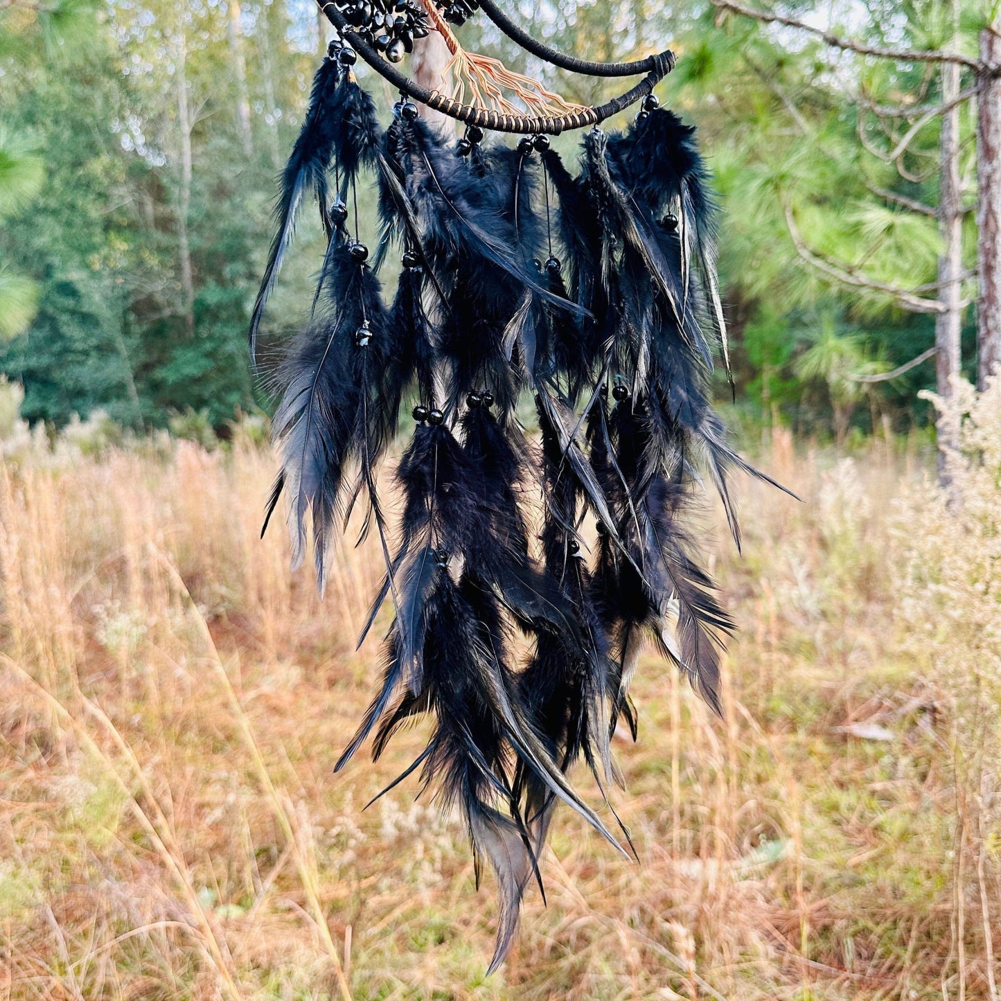 Medium Wall Hanging Crescent Moon Dream Catcher with Black Obsidian Stones & Hanging Stone Charm with Feathers Blacked