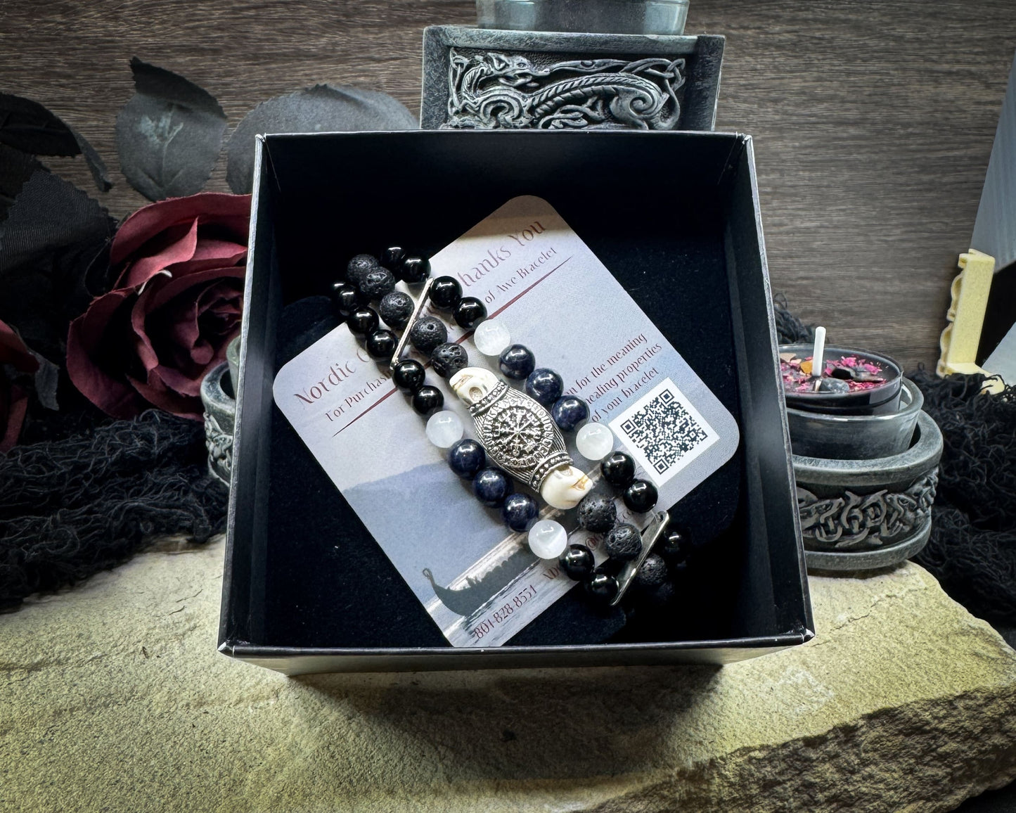 Nordic Gemstones Helm of Awe Bracelet – Triple Strand Sapphire Selenite Black Onyx Lava Stone & Skull - Jewelry