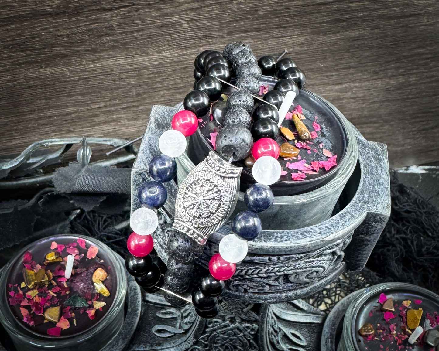 Nordic Gemstones Helm of Awe Bracelet – Triple Strand Ruby Sapphire Selenite Lava & Blue Obsidian - Jewelry