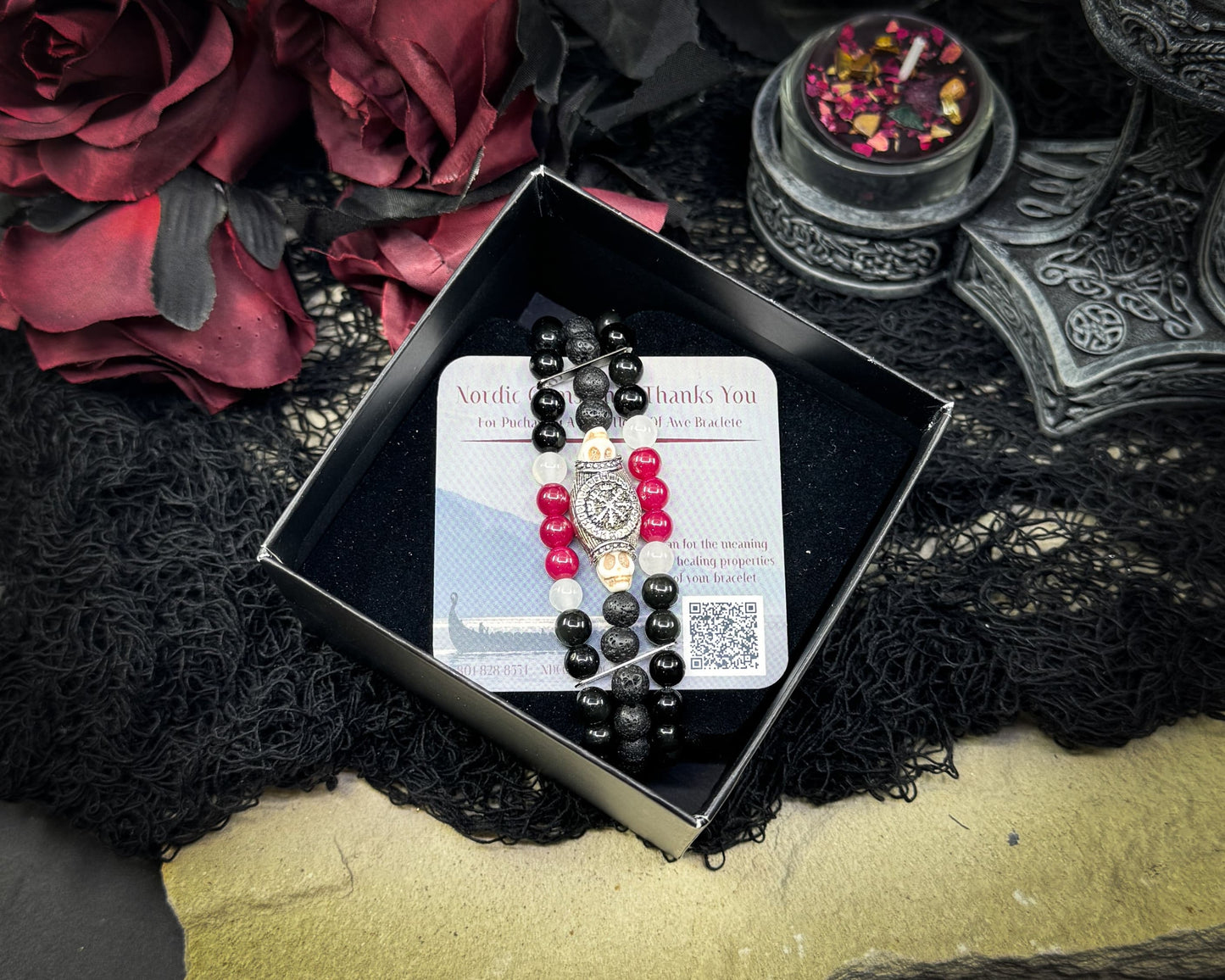 Nordic Gemstones Helm of Awe Bracelet – Triple Strand Ruby Selenite Blue Obsidian Lava & Skull - Jewelry