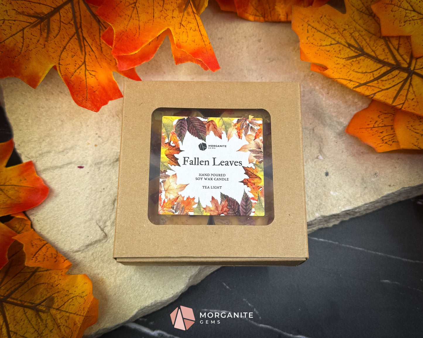 Tealight Fall Candle Set – 4-Pack Fallen Leaves Scent | Autumn Soy Candles with Crystals | Cinnamon Apple Citrus