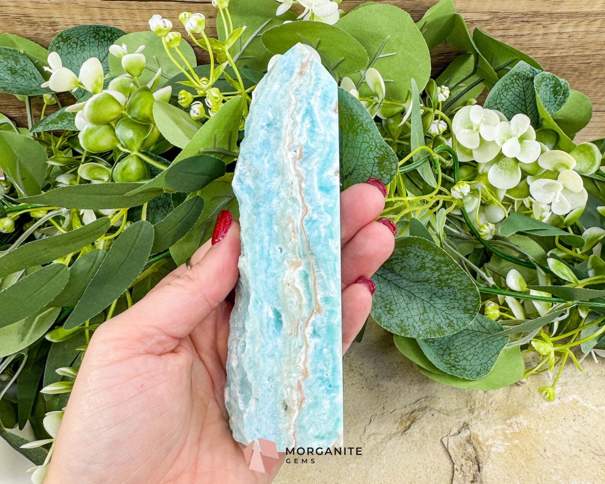 Caribbean Calcite Hemimorphite Tower No. 1 – 5.8″ Sliced & Druzy Crystal Tower | 280 g - Metaphysical Crystals