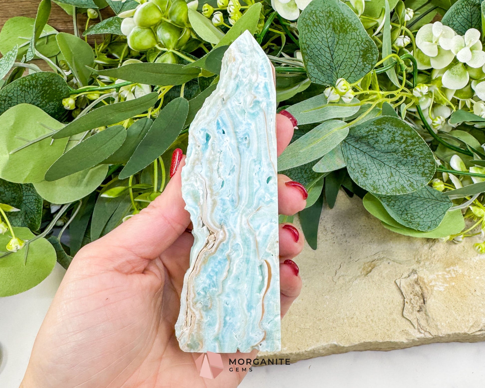 Caribbean Calcite Hemimorphite Tower No. 2 – 5.2″ Sliced Tower with Druzy Face | 236 g - Metaphysical Crystals