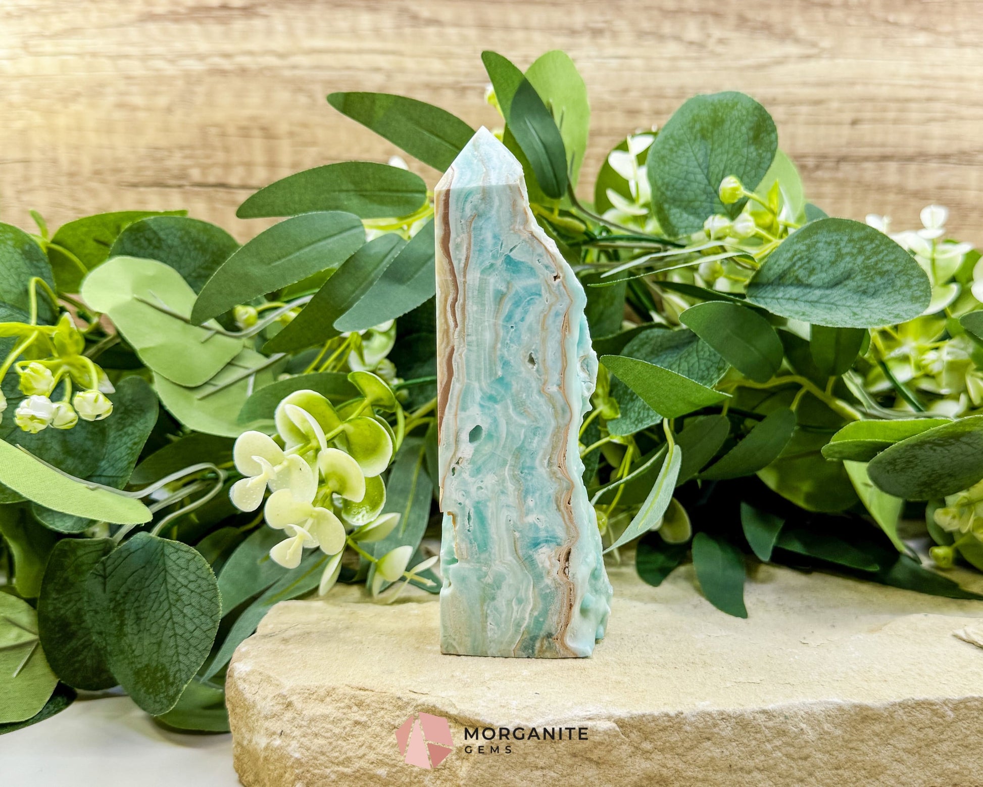 Caribbean Calcite Hemimorphite Tower No. 2 – 5.2″ Sliced Tower with Druzy Face | 236 g - Metaphysical Crystals