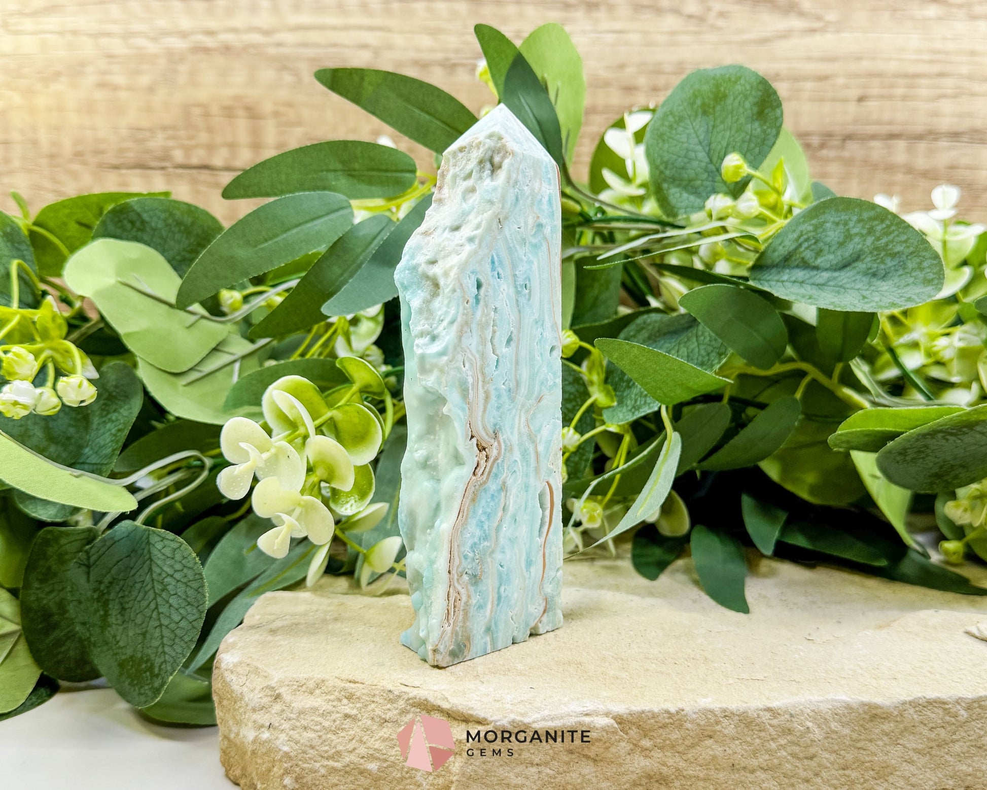 Caribbean Calcite Hemimorphite Tower No. 2 – 5.2″ Sliced Tower with Druzy Face | 236 g - Metaphysical Crystals