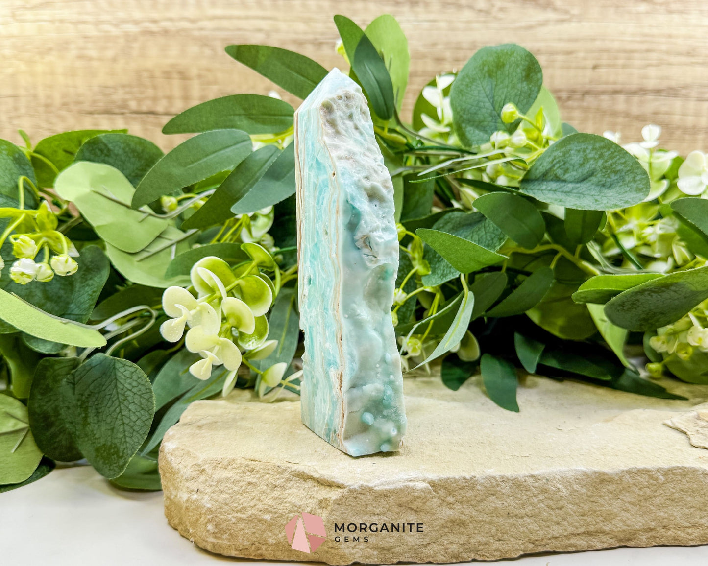 Caribbean Calcite Hemimorphite Tower No. 2 – 5.2″ Sliced Tower with Druzy Face | 236 g - Metaphysical Crystals