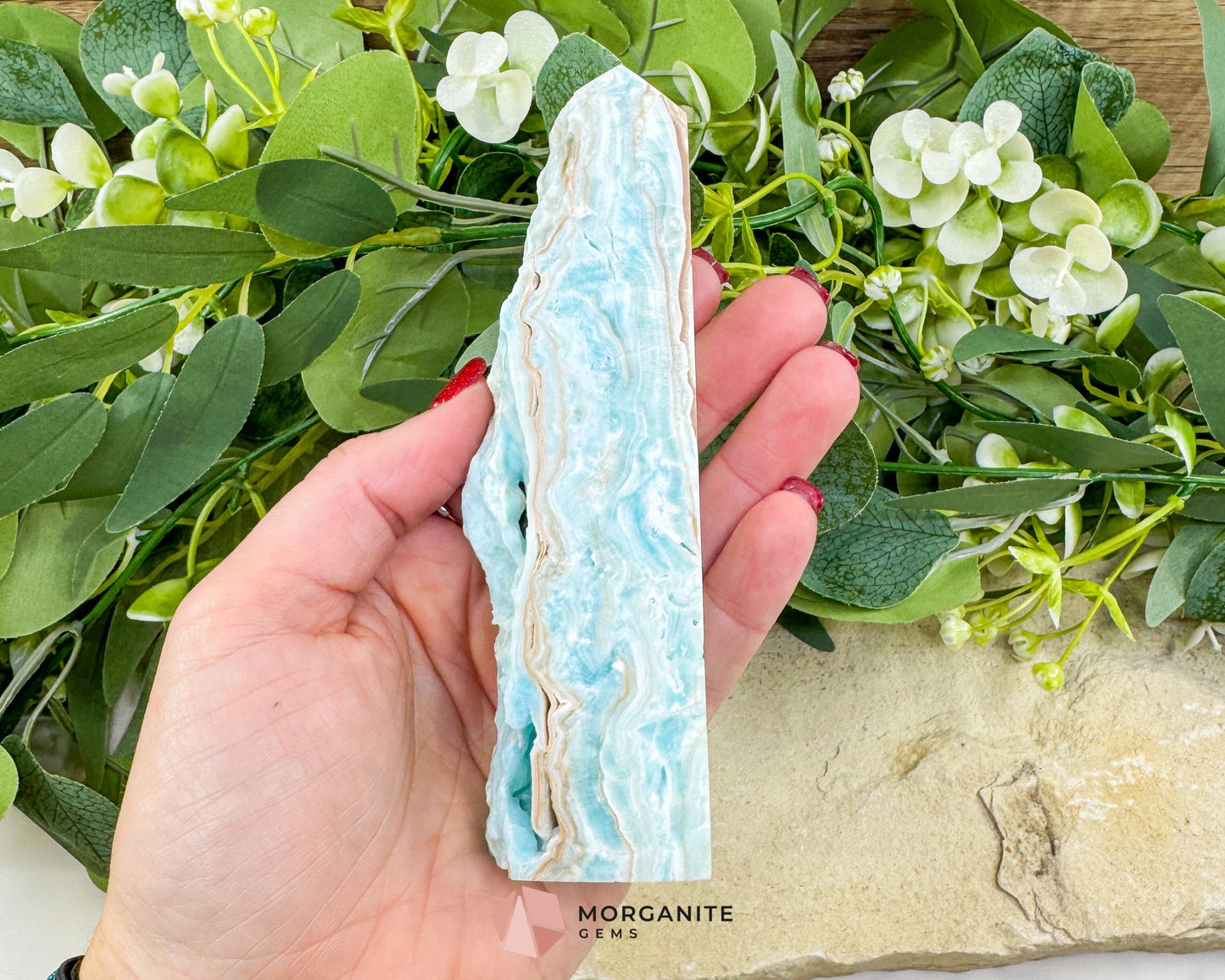 Caribbean Calcite Hemimorphite Tower No. 3 – 5.4″ Sliced & Druzy Crystal Tower | 246 g - Metaphysical Crystals