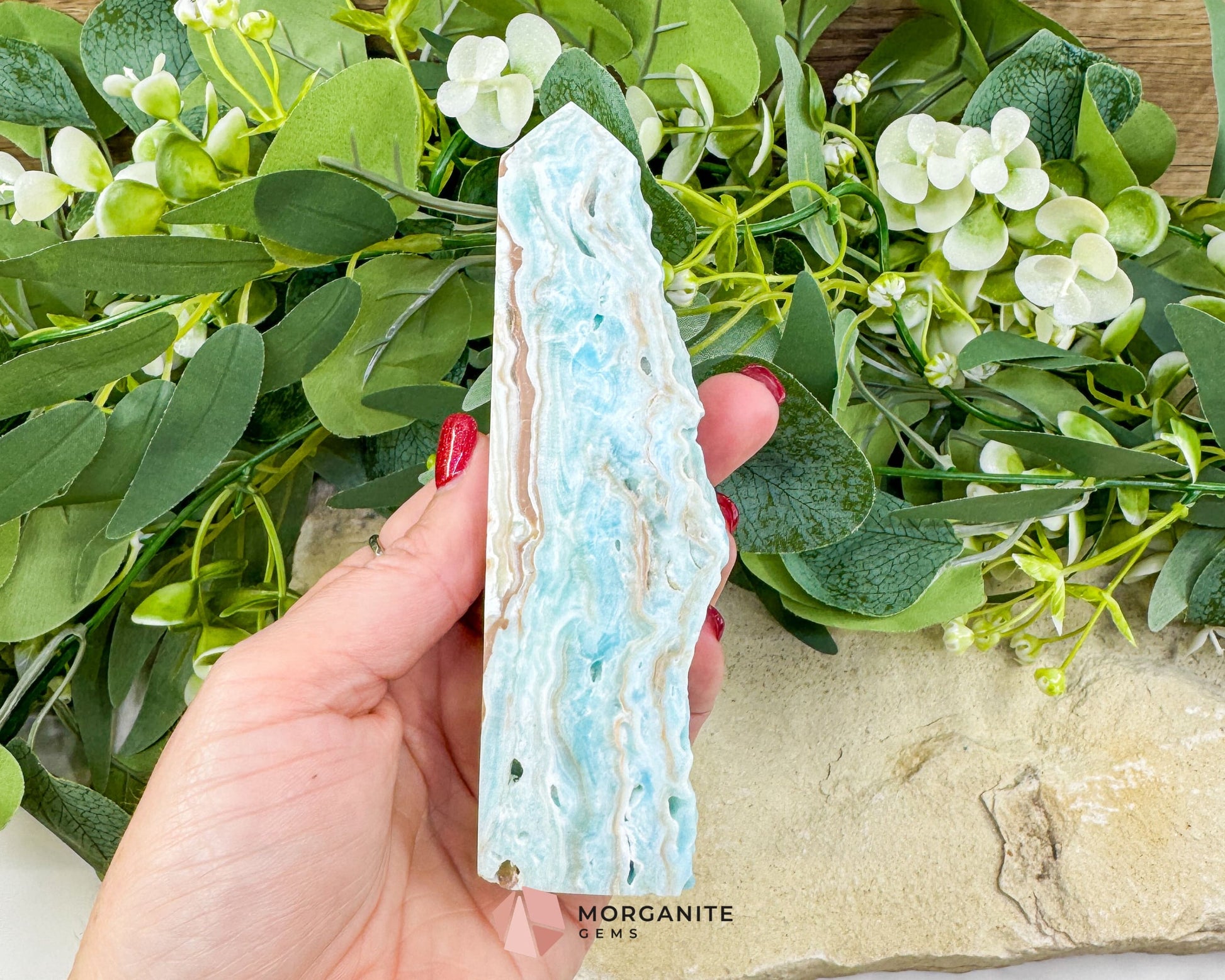 Caribbean Calcite Hemimorphite Tower No. 3 – 5.4″ Sliced & Druzy Crystal Tower | 246 g - Metaphysical Crystals