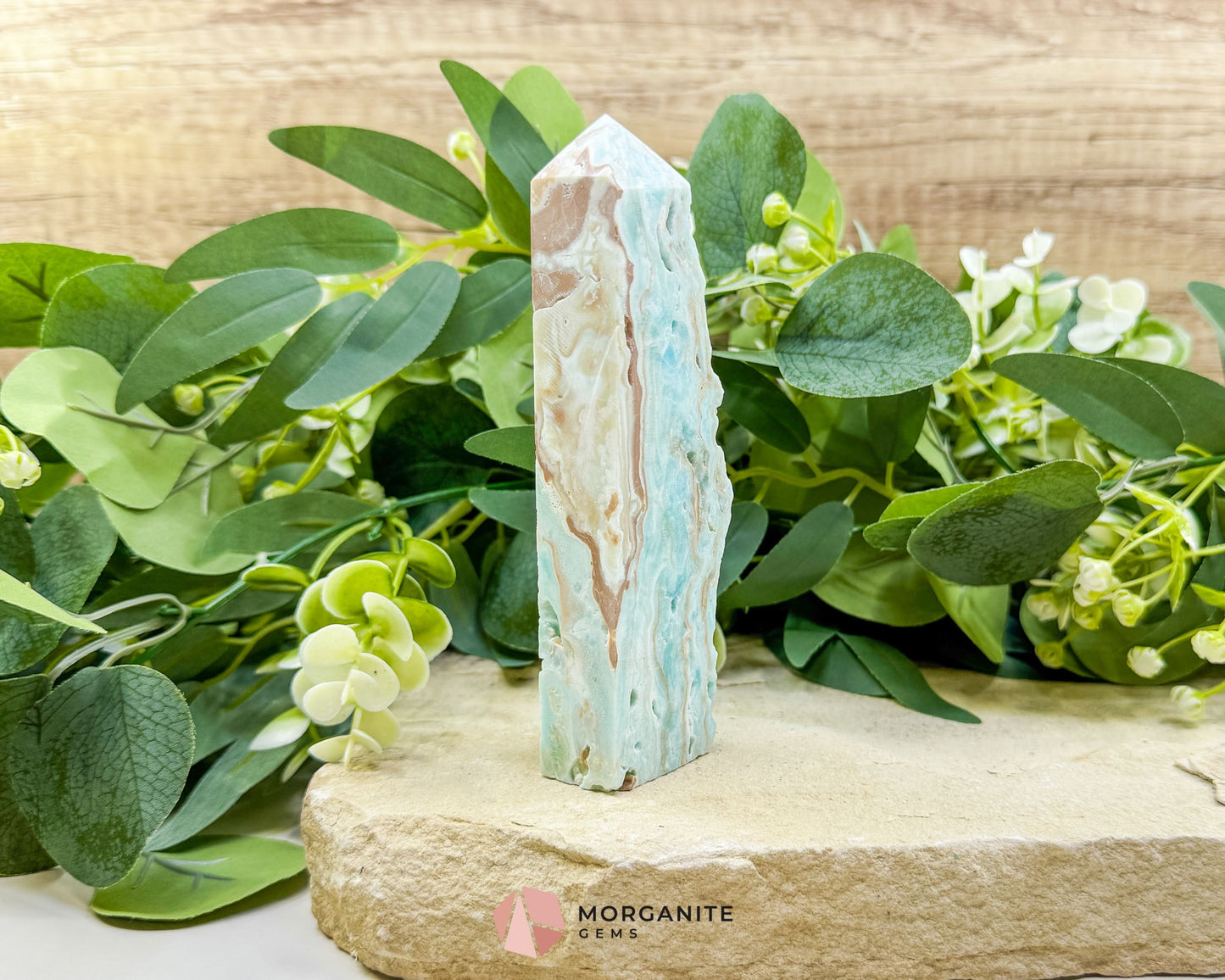 Caribbean Calcite Hemimorphite Tower No. 3 – 5.4″ Sliced & Druzy Crystal Tower | 246 g - Metaphysical Crystals