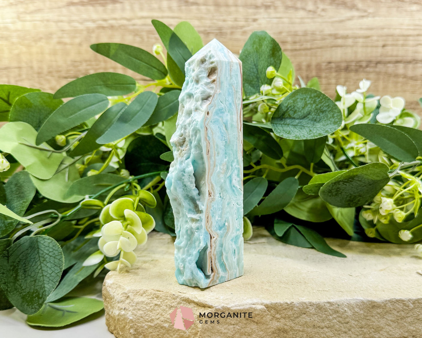 Caribbean Calcite Hemimorphite Tower No. 3 – 5.4″ Sliced & Druzy Crystal Tower | 246 g - Metaphysical Crystals