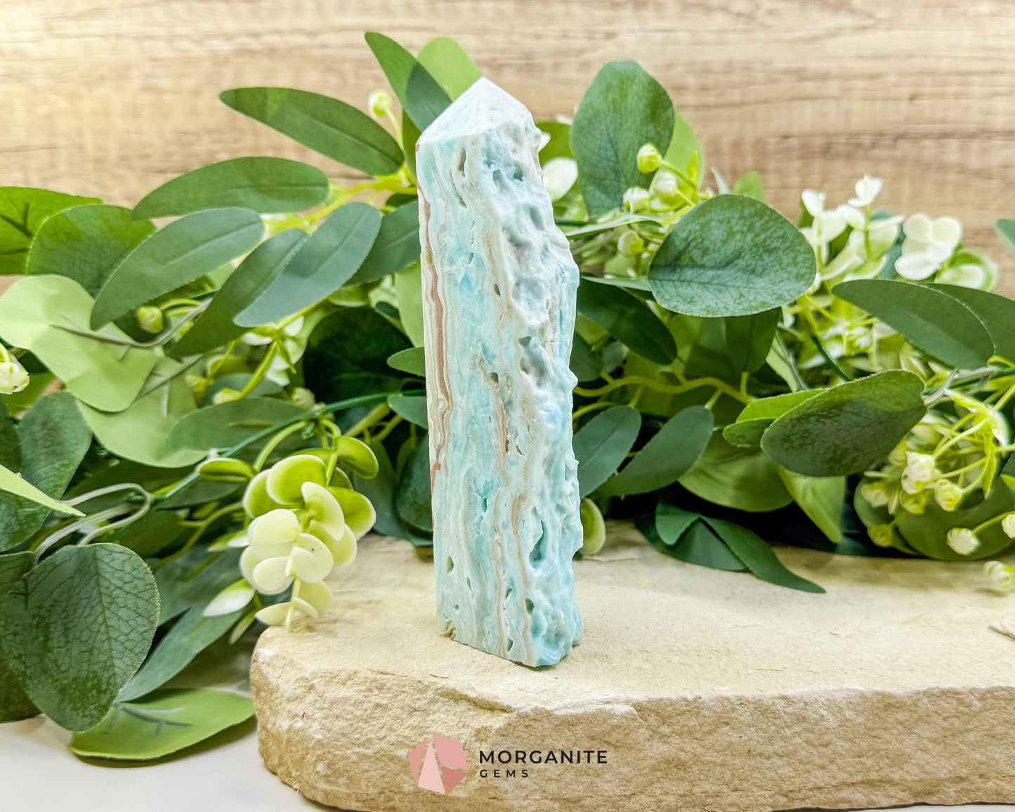 Caribbean Calcite Hemimorphite Tower No. 3 – 5.4″ Sliced & Druzy Crystal Tower | 246 g - Metaphysical Crystals