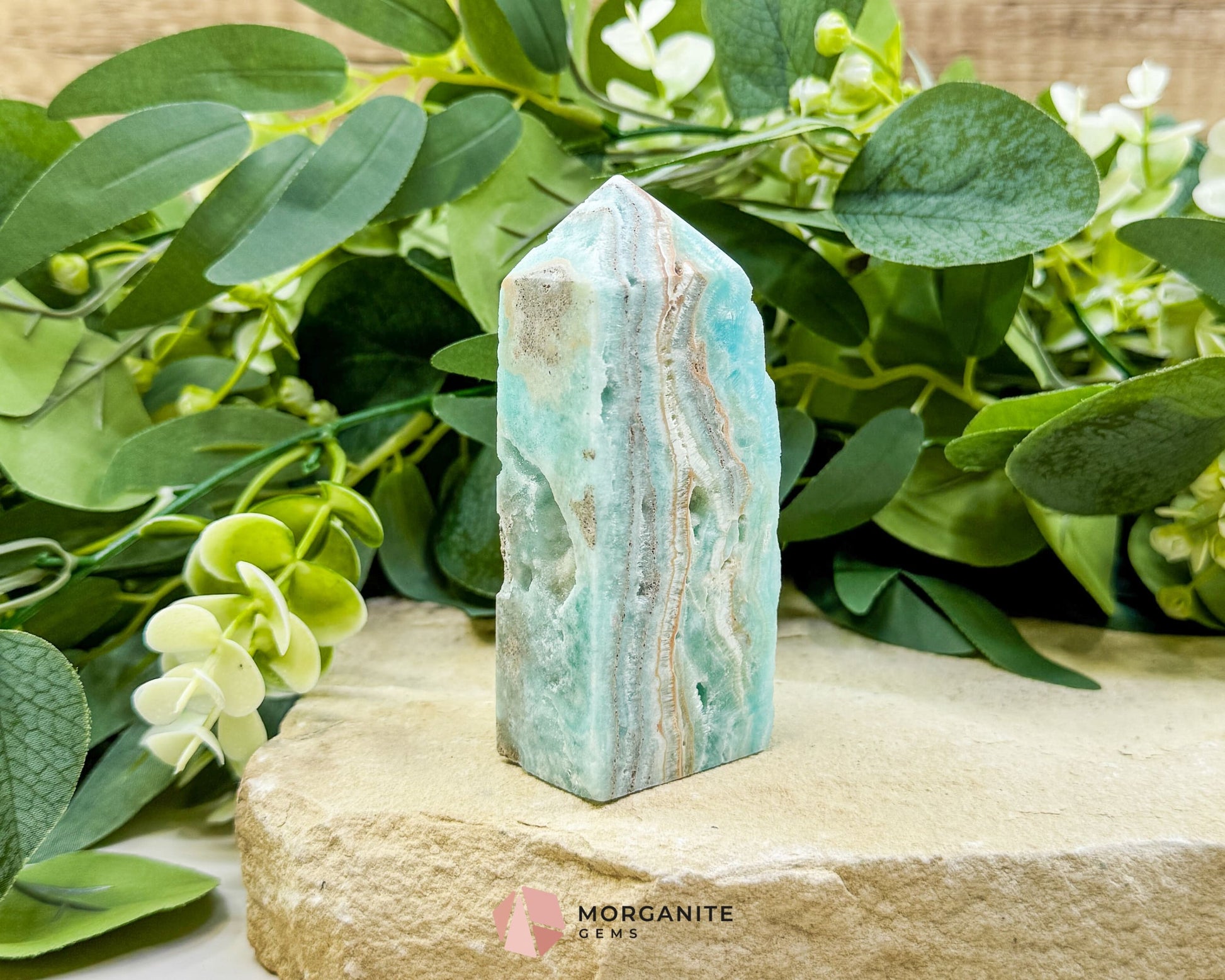 Caribbean Calcite Hemimorphite Tower No. 4 – 3.8″ Sliced & Druzy Crystal Tower | 220 g - Metaphysical Crystals