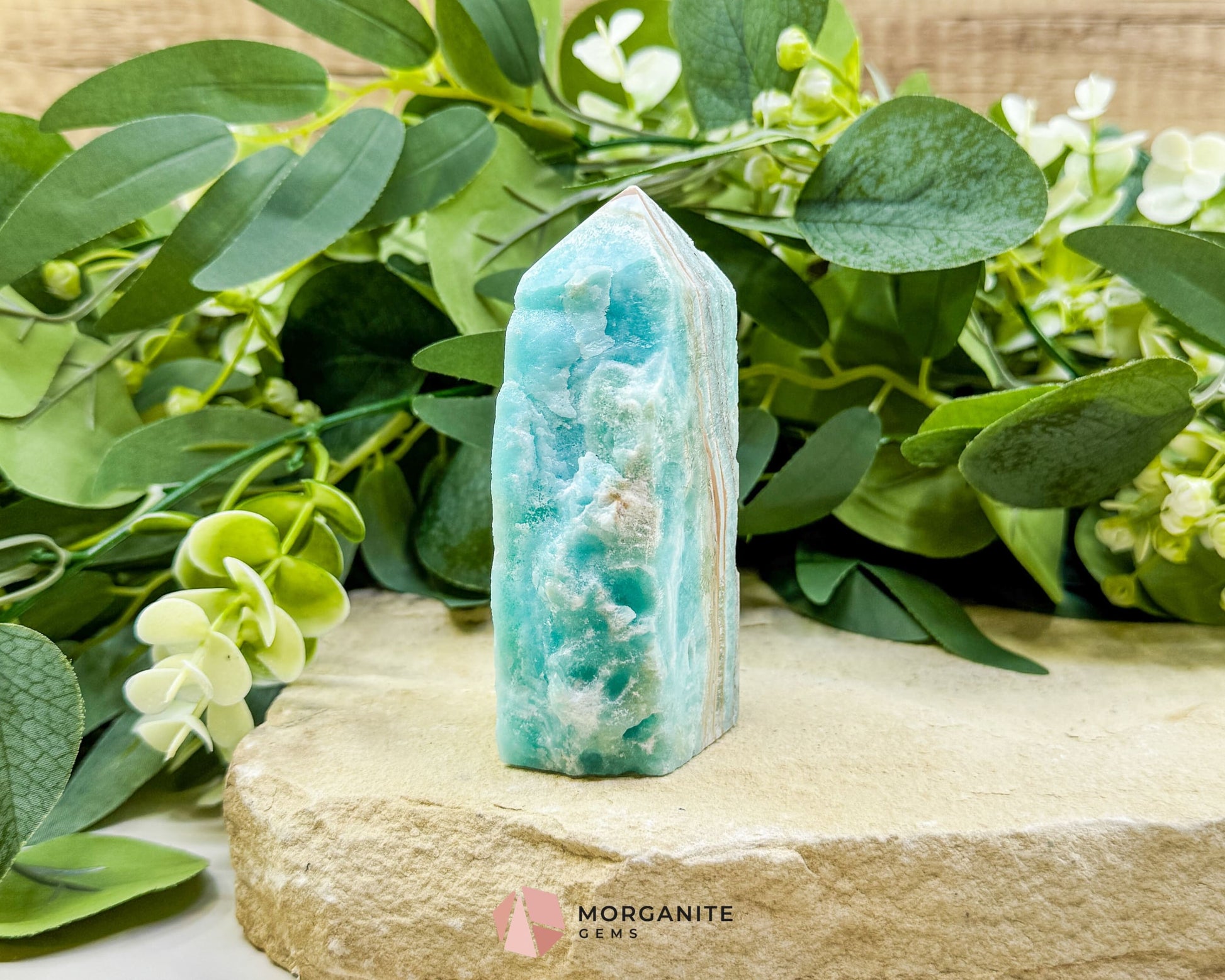 Caribbean Calcite Hemimorphite Tower No. 4 – 3.8″ Sliced & Druzy Crystal Tower | 220 g - Metaphysical Crystals