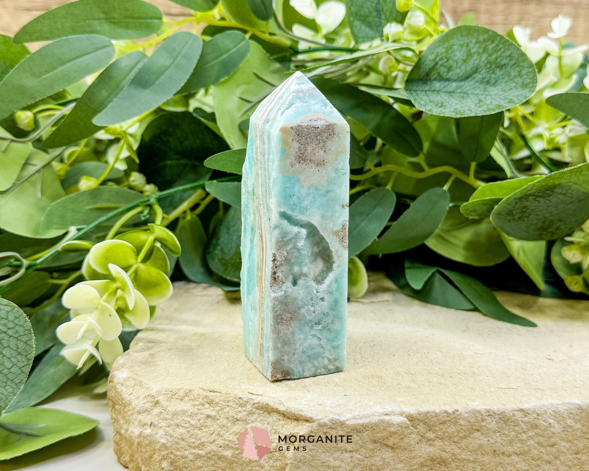 Caribbean Calcite Hemimorphite Tower No. 4 – 3.8″ Sliced & Druzy Crystal Tower | 220 g - Metaphysical Crystals