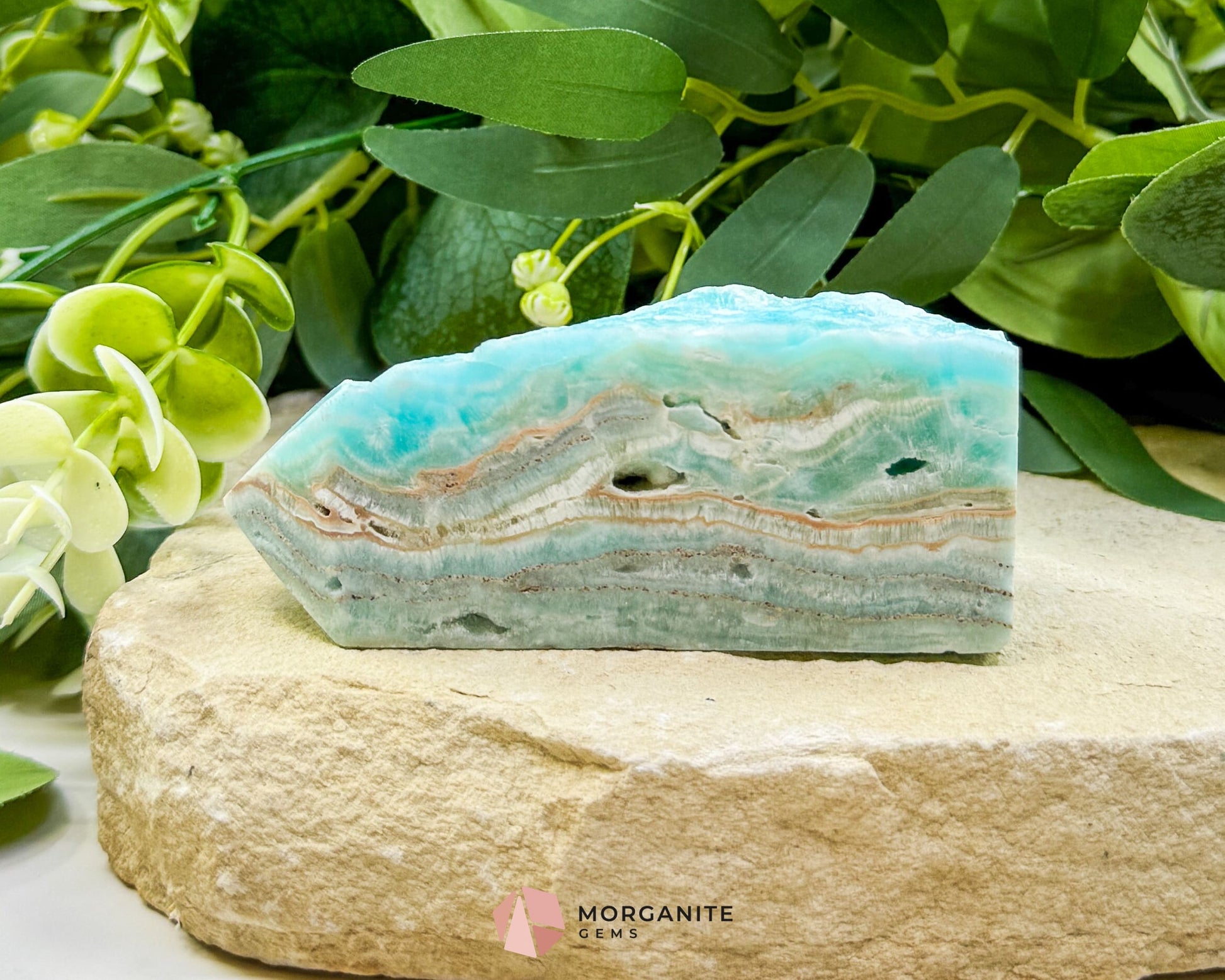 Caribbean Calcite Hemimorphite Tower No. 4 – 3.8″ Sliced & Druzy Crystal Tower | 220 g - Metaphysical Crystals