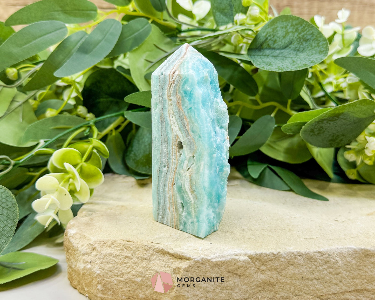 Caribbean Calcite Hemimorphite Tower No. 4 – 3.8″ Sliced & Druzy Crystal Tower | 220 g - Metaphysical Crystals