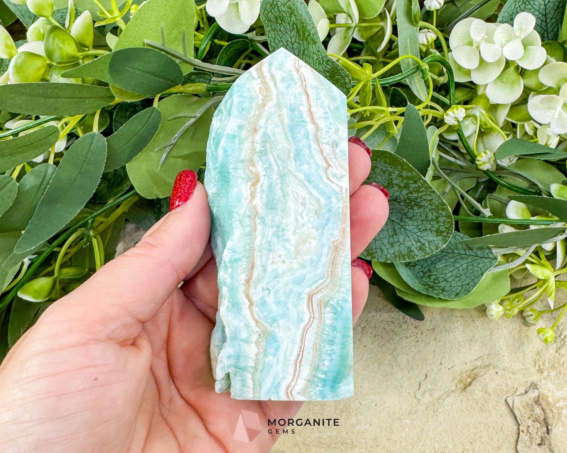 Caribbean Calcite Hemimorphite Tower No. 5 – 4.1″ Sliced & Druzy Crystal Tower | 250 g - Metaphysical Crystals