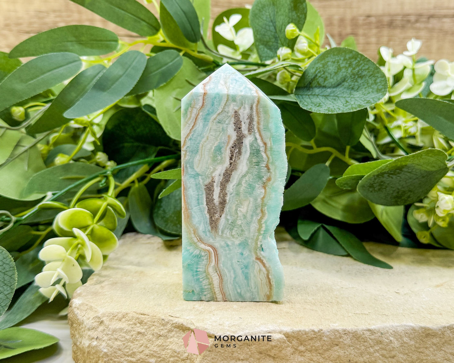 Caribbean Calcite Hemimorphite Tower No. 5 – 4.1″ Sliced & Druzy Crystal Tower | 250 g - Metaphysical Crystals