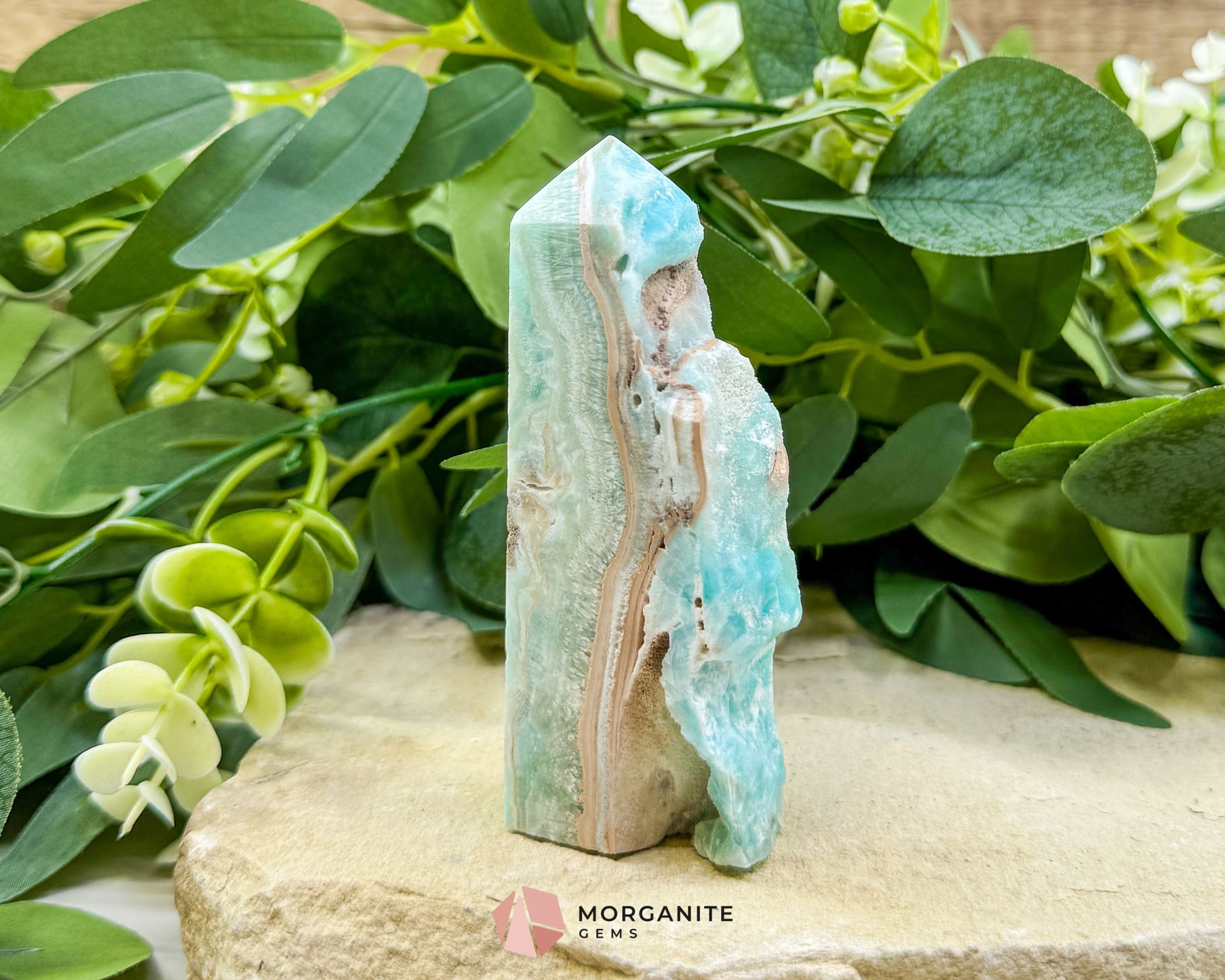 Caribbean Calcite Hemimorphite Tower No. 6 – 3.9″ Sliced & Druzy Crystal Tower | 152 g - Metaphysical Crystals