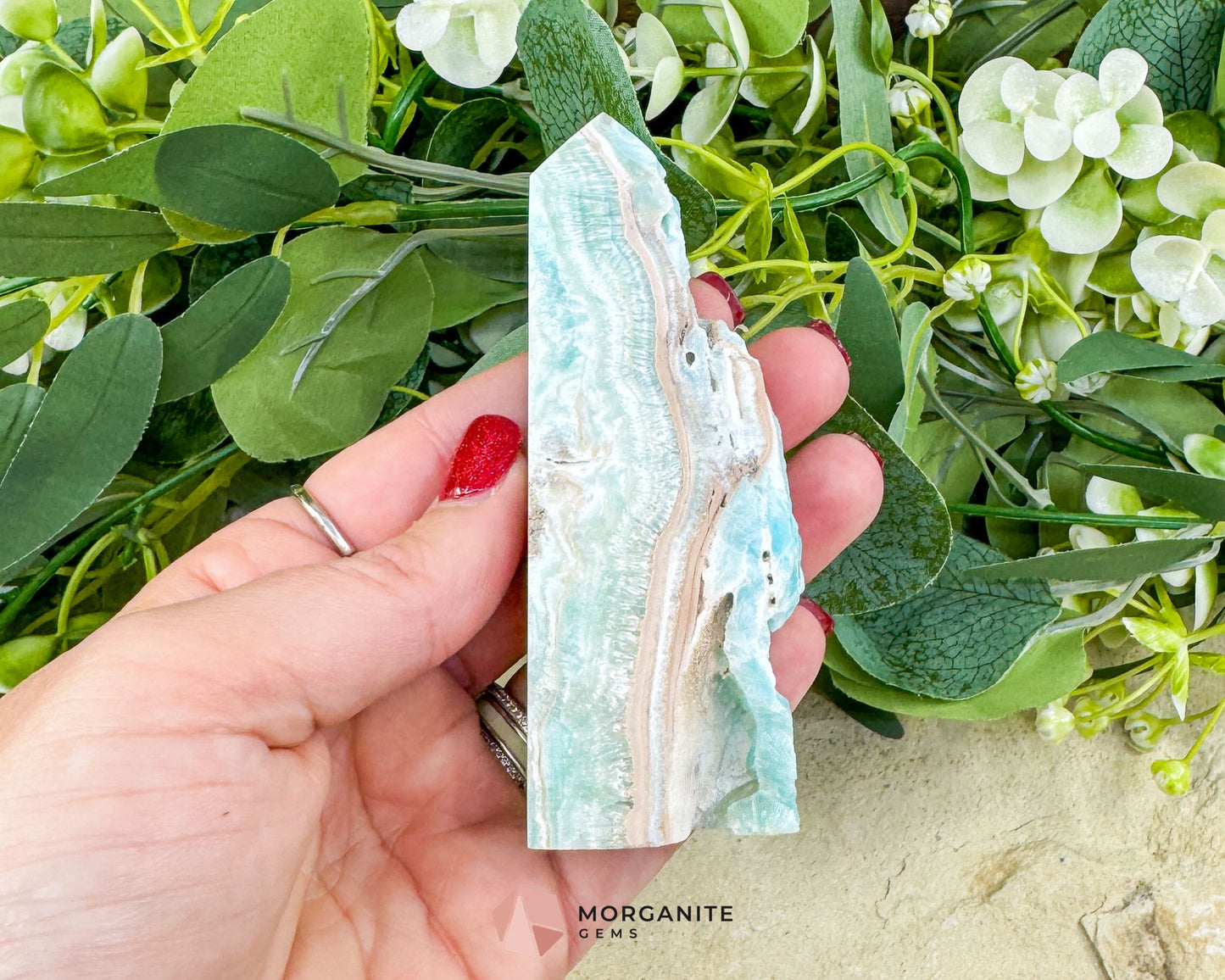 Caribbean Calcite Hemimorphite Tower No. 6 – 3.9″ Sliced & Druzy Crystal Tower | 152 g - Metaphysical Crystals