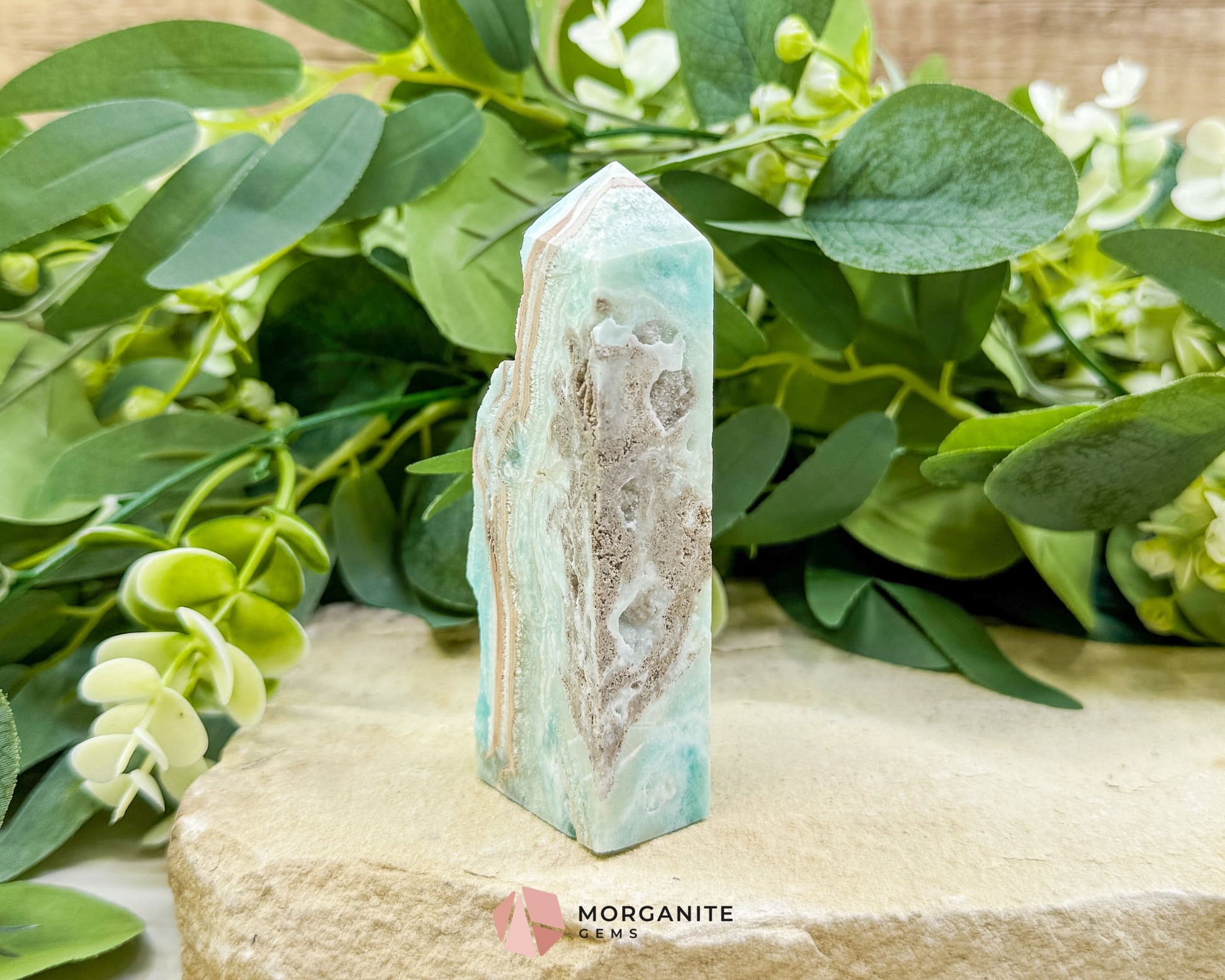 Caribbean Calcite Hemimorphite Tower No. 6 – 3.9″ Sliced & Druzy Crystal Tower | 152 g - Metaphysical Crystals