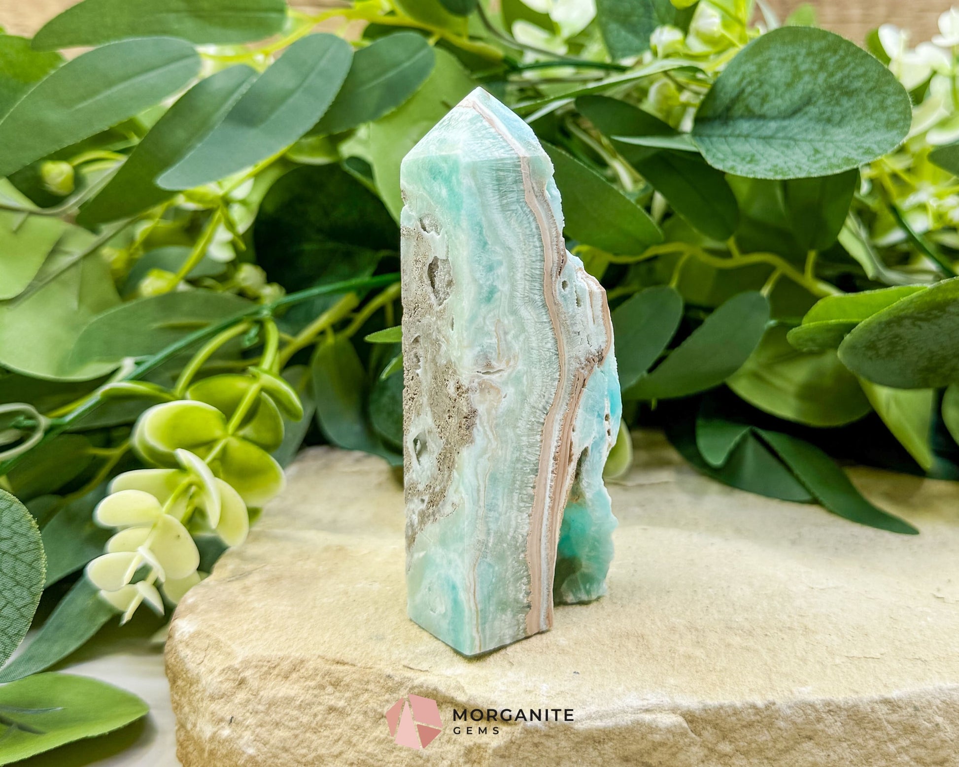Caribbean Calcite Hemimorphite Tower No. 6 – 3.9″ Sliced & Druzy Crystal Tower | 152 g - Metaphysical Crystals