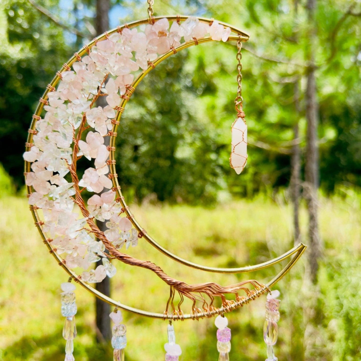 Gold Metal Crescent Moon Dreamcatcher Suncatcher with Rose Quartz Tree of Life & Hanging Jewel Charms -- Window Hanging