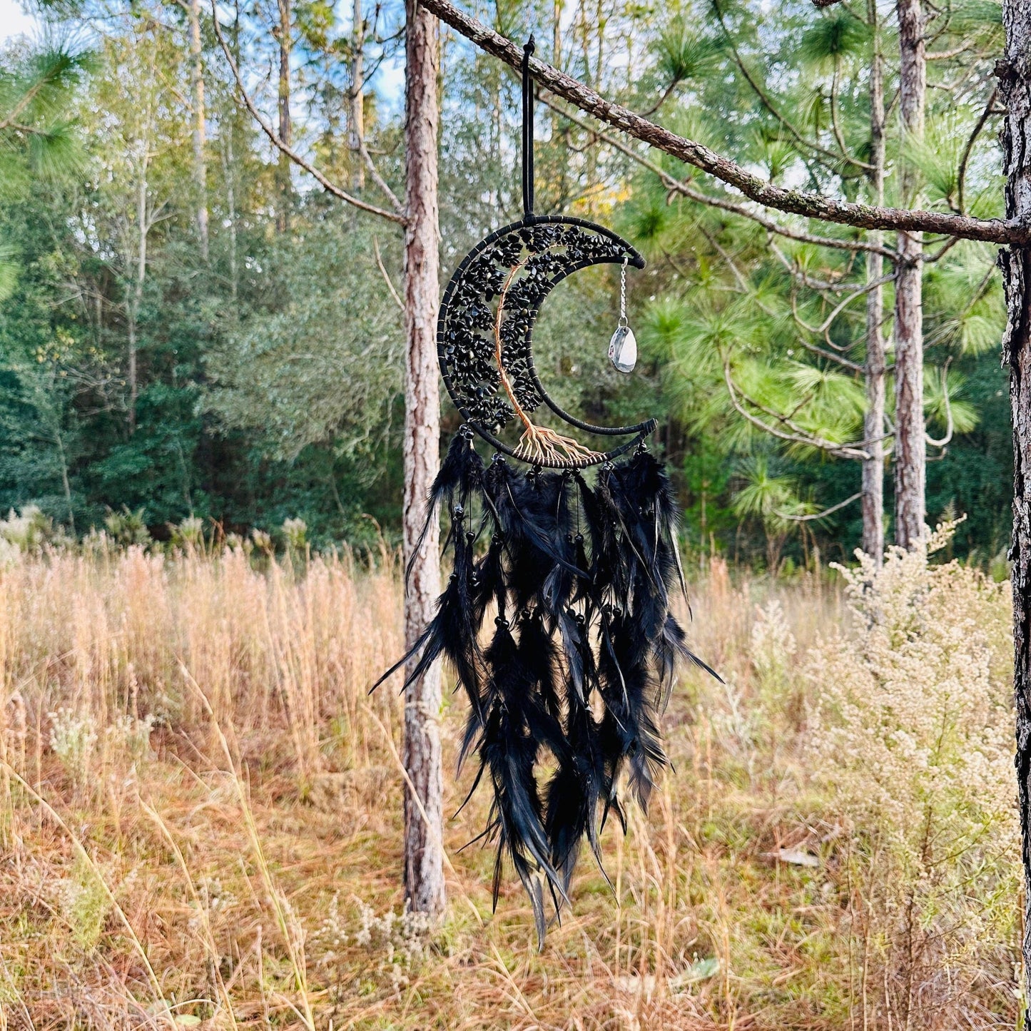 Medium Wall Hanging Crescent Moon Dream Catcher with Black Obsidian Stones & Hanging Stone Charm with Feathers Blacked