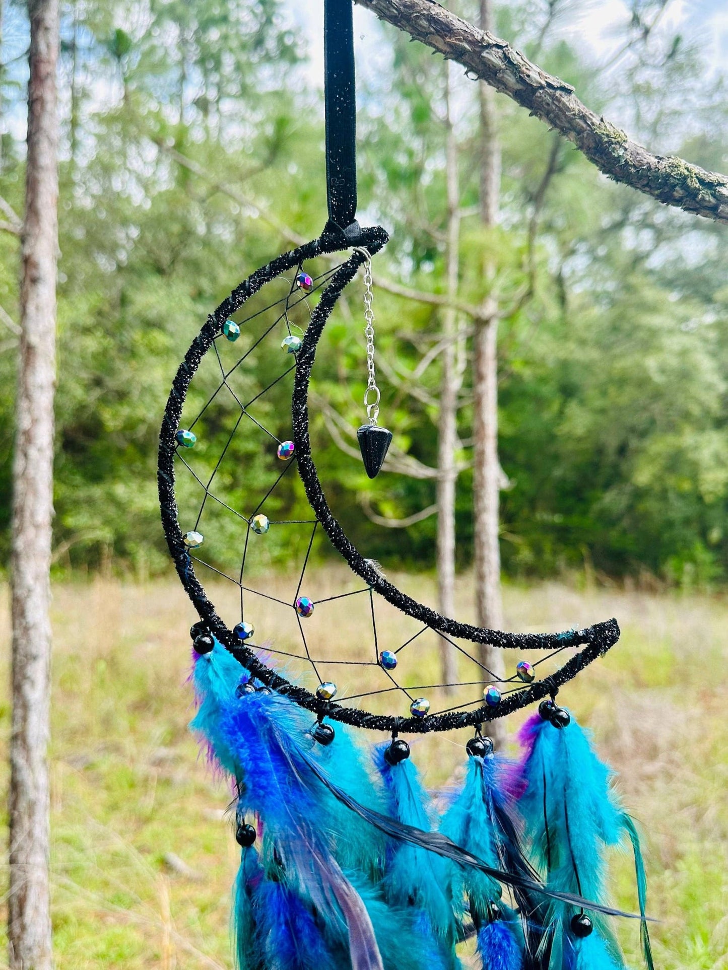 Medium Wall Hanging Crescent Moon Dream Catcher with Black Purple Green Blue Feathers and Charm Modern Boho Style Home