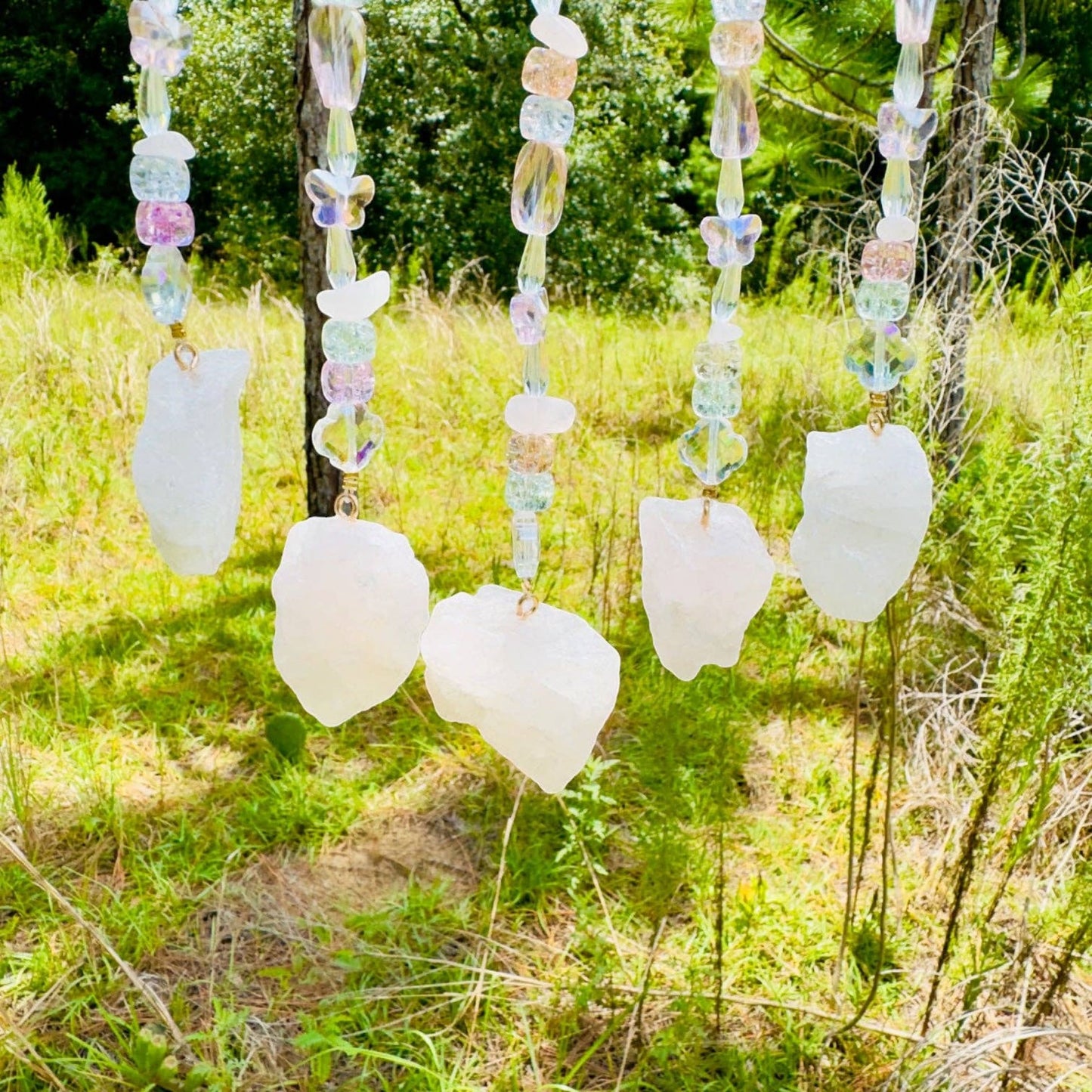 Gold Metal Crescent Moon Dreamcatcher Suncatcher with Rose Quartz Tree of Life & Hanging Jewel Charms -- Window Hanging