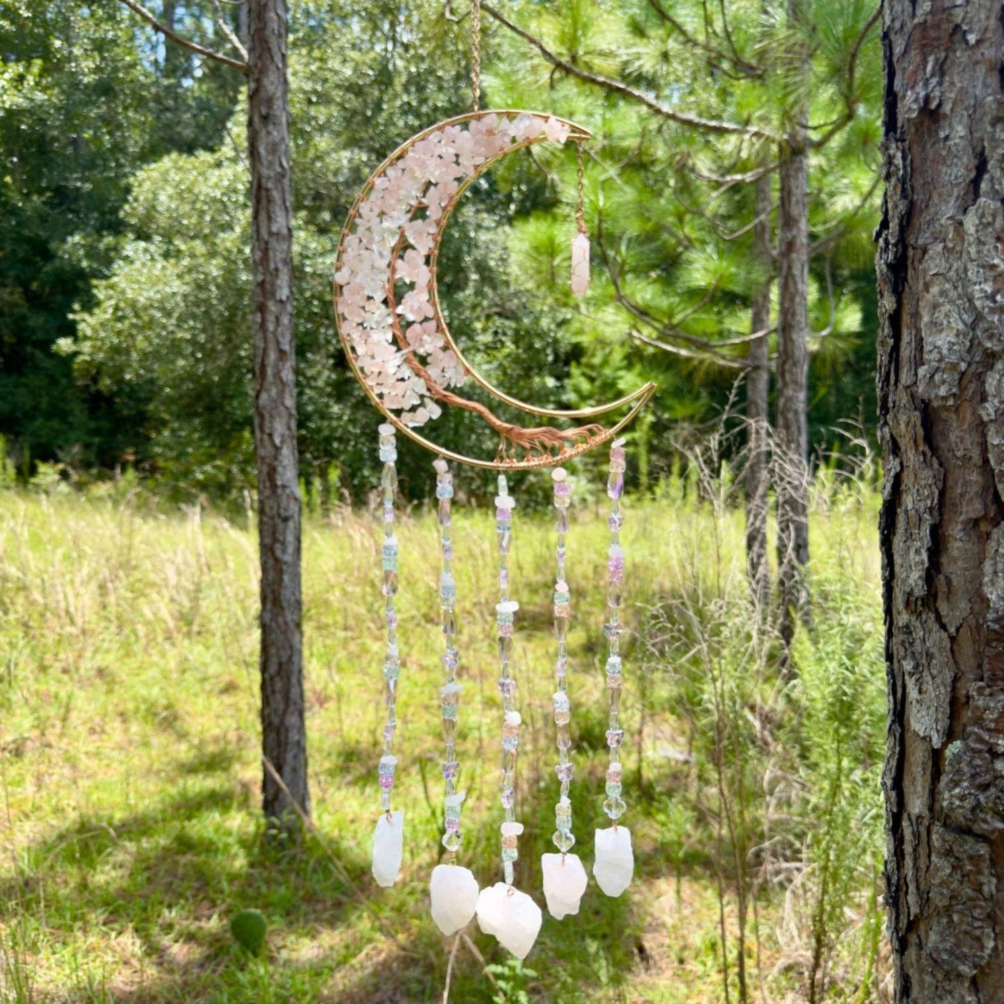 Gold Metal Crescent Moon Dreamcatcher Suncatcher with Rose Quartz Tree of Life & Hanging Jewel Charms -- Window Hanging