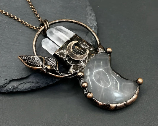 Clear Crystal Moon Plant Shape Pendant Gemstone Necklace