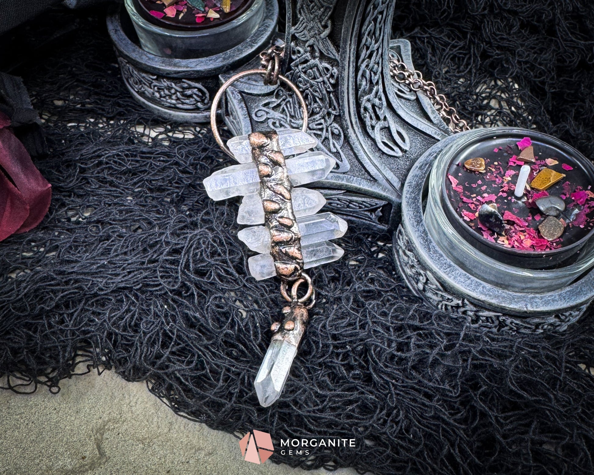 Irregular Clear Quartz Tassel Necklace – Six-Piece Gemstone Pendant on Copper Chain - Jewelry