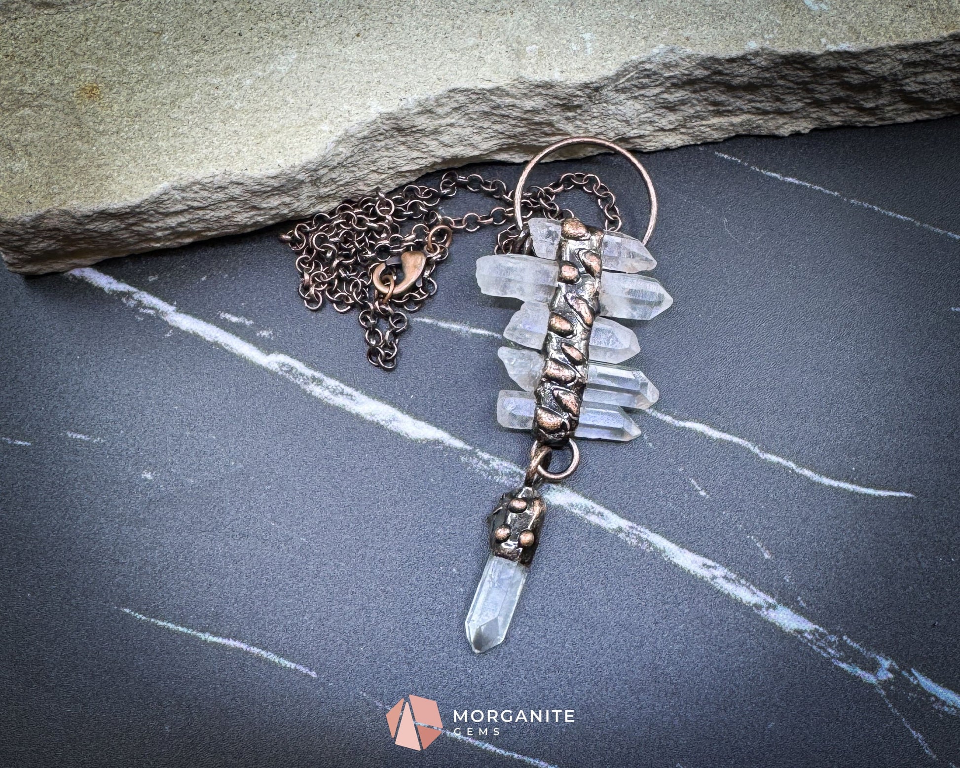 Irregular Clear Quartz Tassel Necklace – Six-Piece Gemstone Pendant on Copper Chain - Jewelry