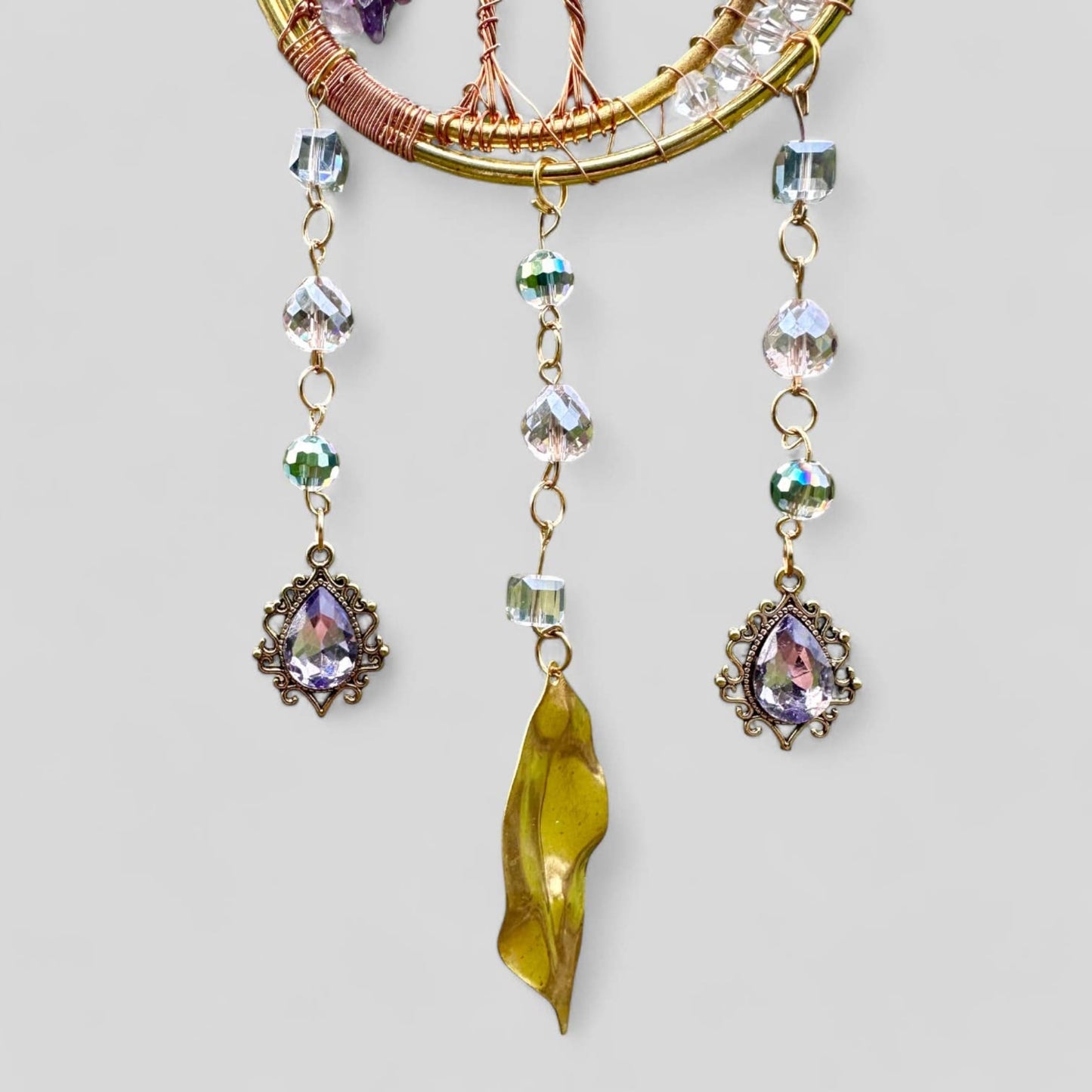 Gold Metal Dual Ring Dreamcatcher with 2 Trees of Life Amethyst Stones & Hanging Jewel Charms -- Rearview Mirror