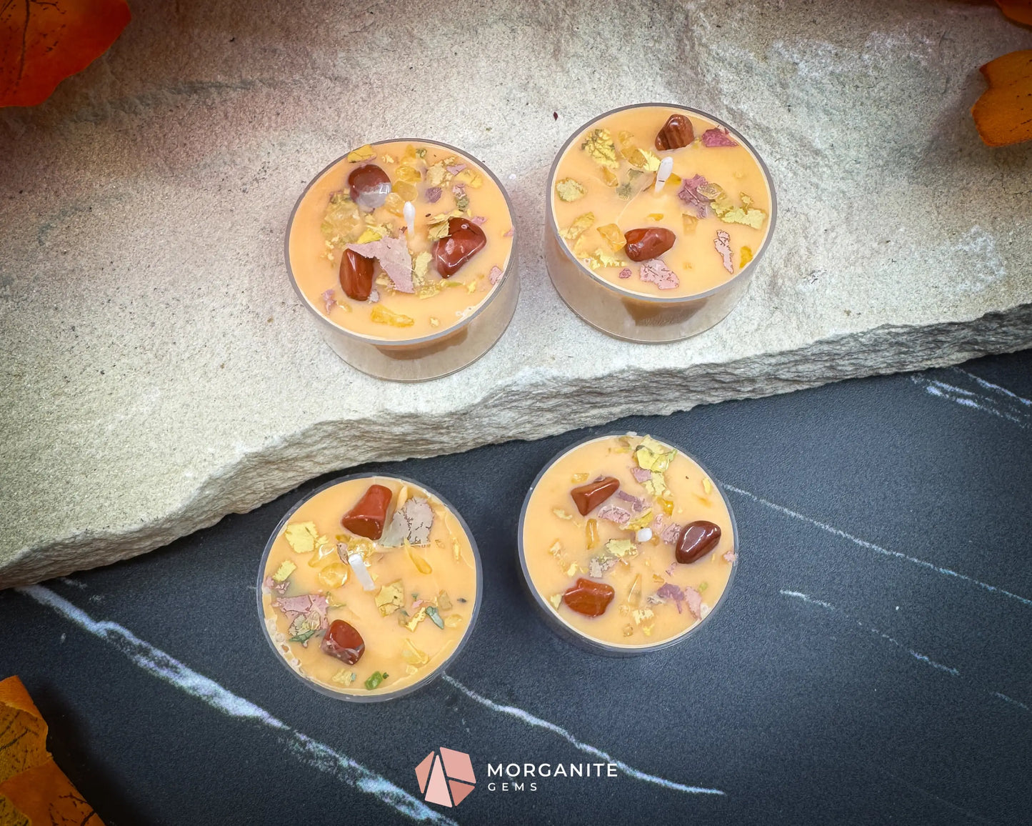 Tealight Fall Candle Set – 4-Pack Fallen Leaves Scent | Autumn Soy Candles with Crystals | Cinnamon Apple Citrus