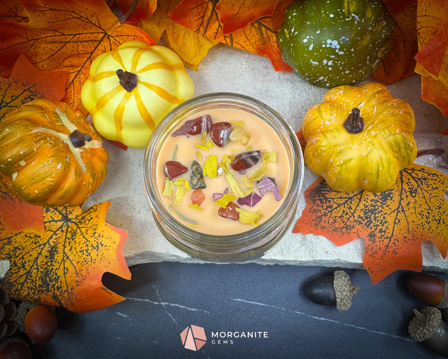 4 oz Mason Jar Fall Candle – Fallen Leaves Scent | Autumn Crystals & Dried Leaves | Small Rustic Fall Candle