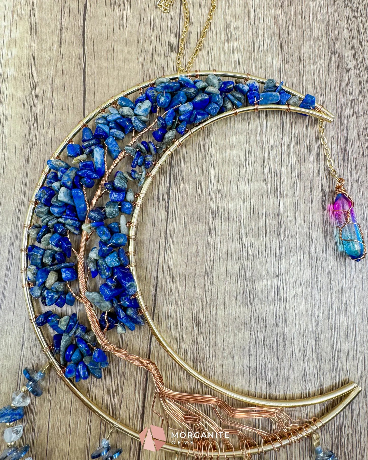 Gold Crescent Moon Dreamcatcher with Lapis Lazuli Tree of Life & Jewel Charms Home & Living