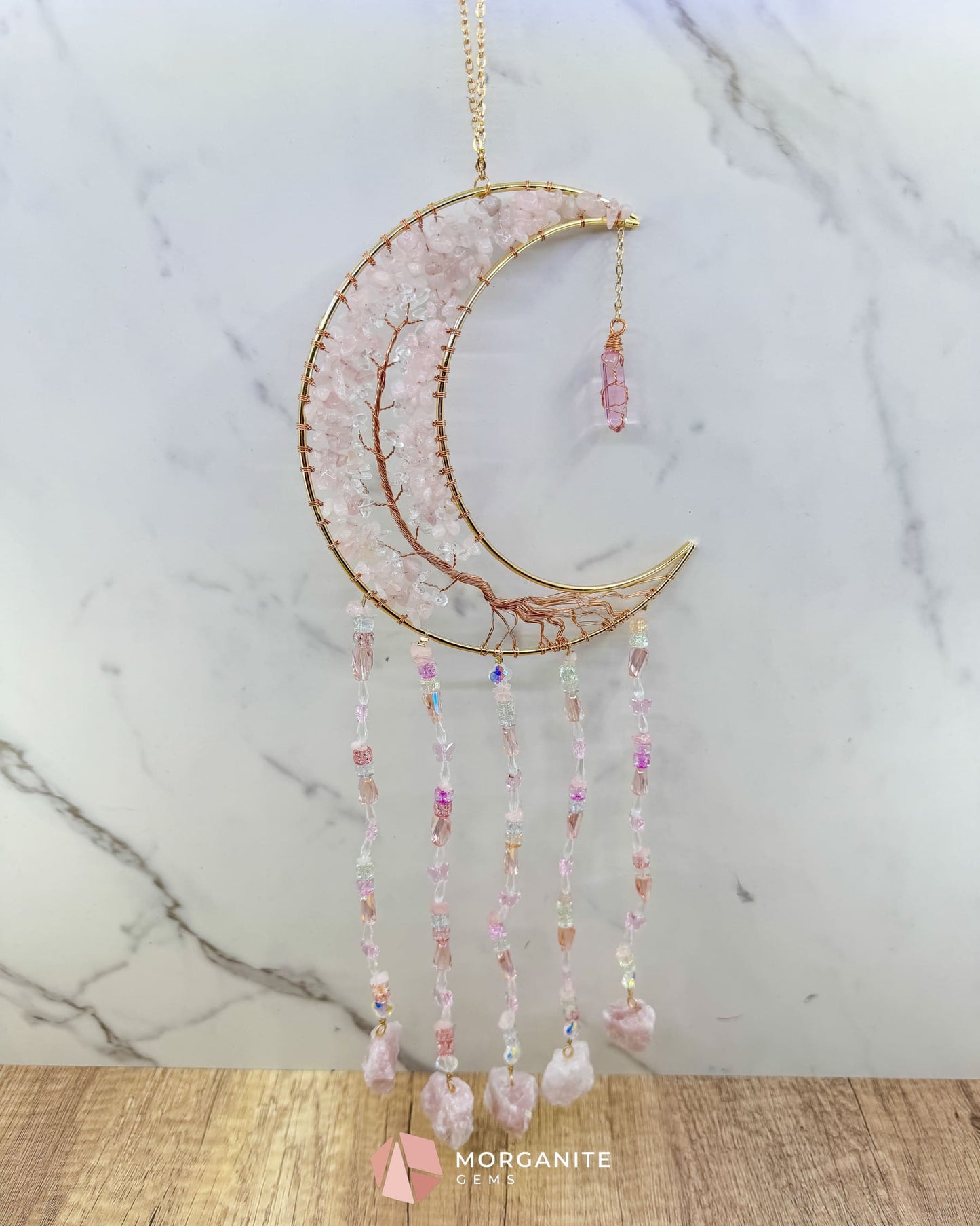 Gold Crescent Moon Dreamcatcher with Rose Quartz Tree of Life & Jewel Charms Home & Living